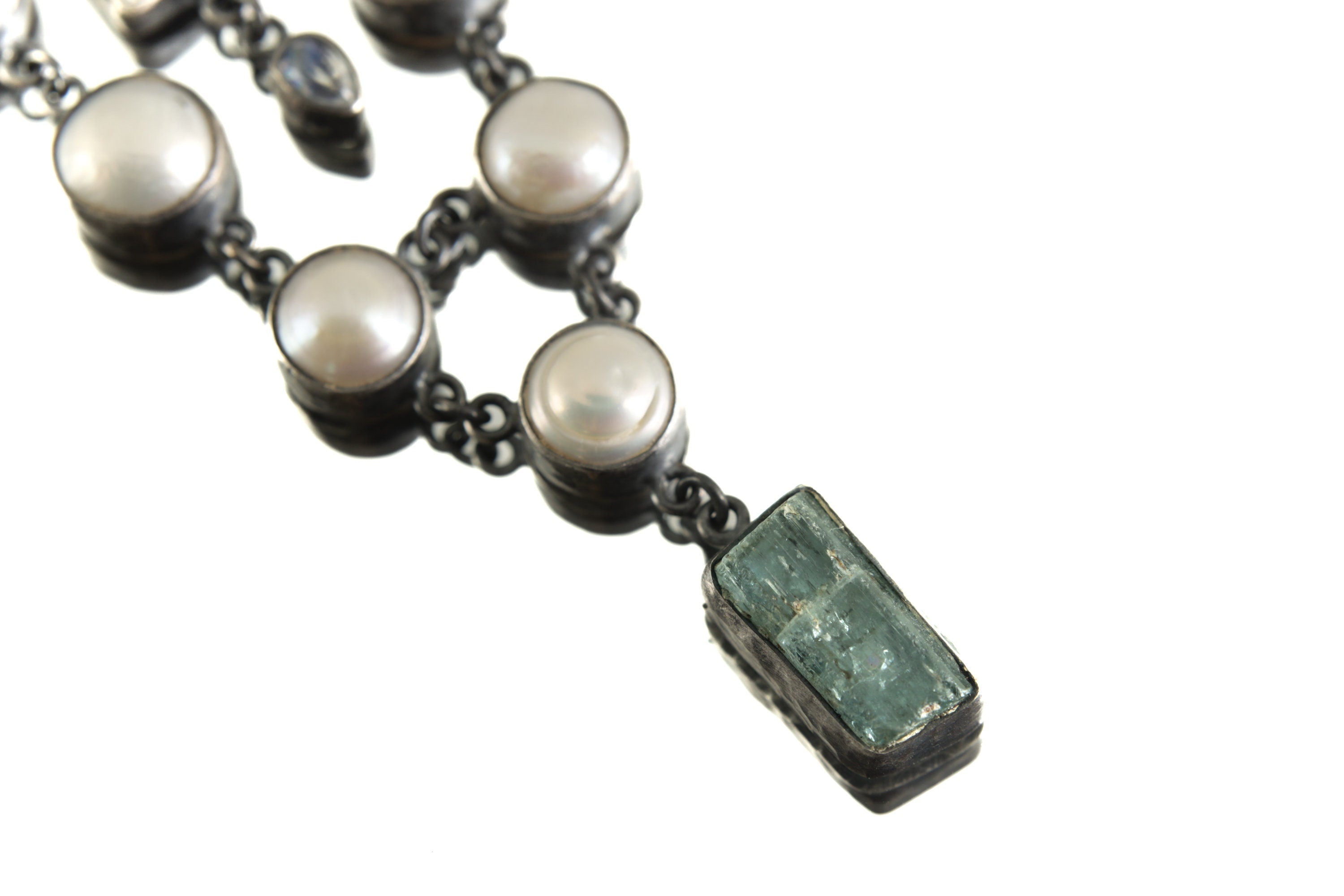 South Sea Pearls, Charoite, Teardrop Blue Moonstone, High-Grade Australian Aquamarine - Silver Pendant - Hammer Texture & Oxidize