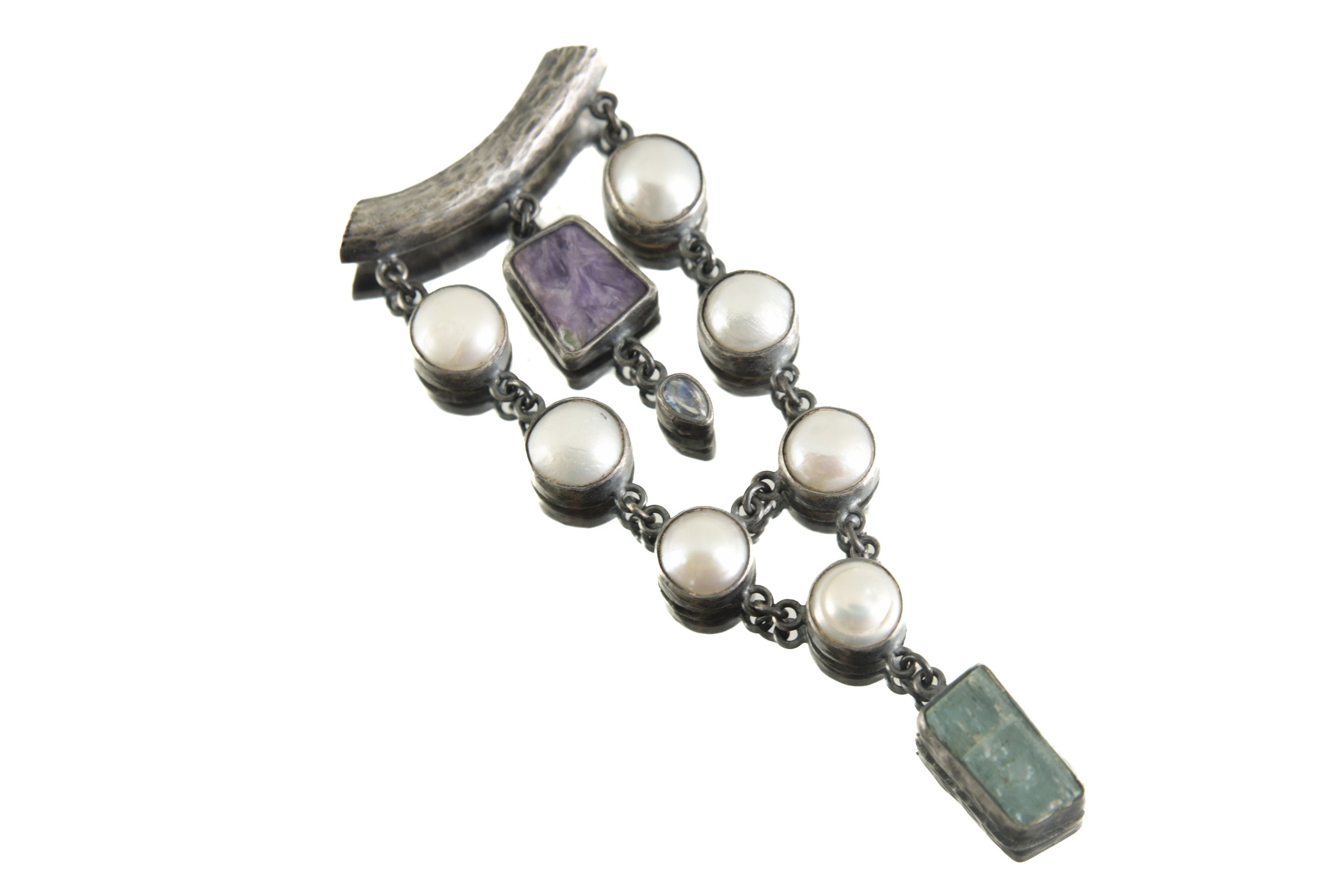 South Sea Pearls, Charoite, Teardrop Blue Moonstone, High-Grade Australian Aquamarine - Silver Pendant - Hammer Texture & Oxidize