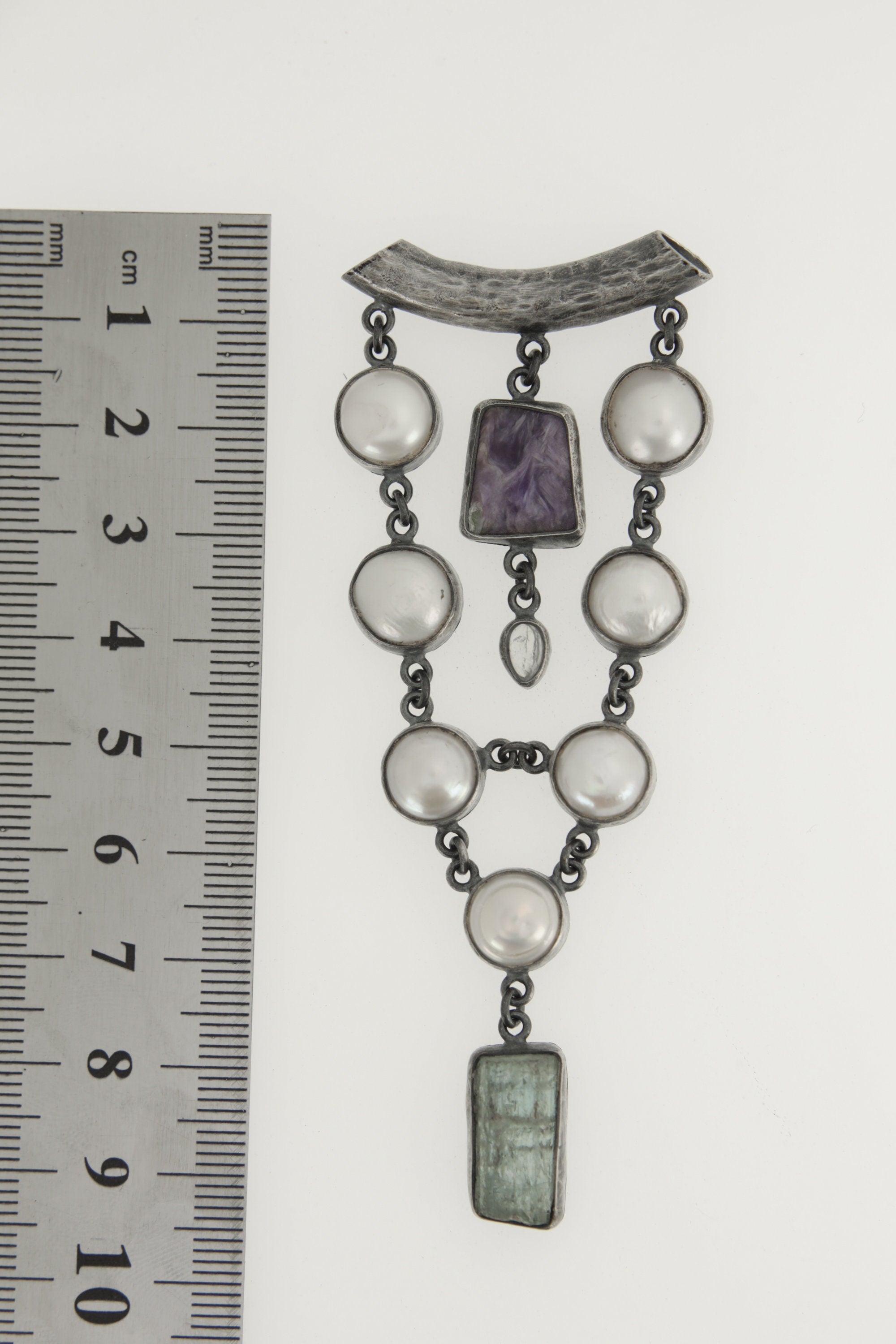 South Sea Pearls, Charoite, Teardrop Blue Moonstone, High-Grade Australian Aquamarine - Silver Pendant - Hammer Texture & Oxidize