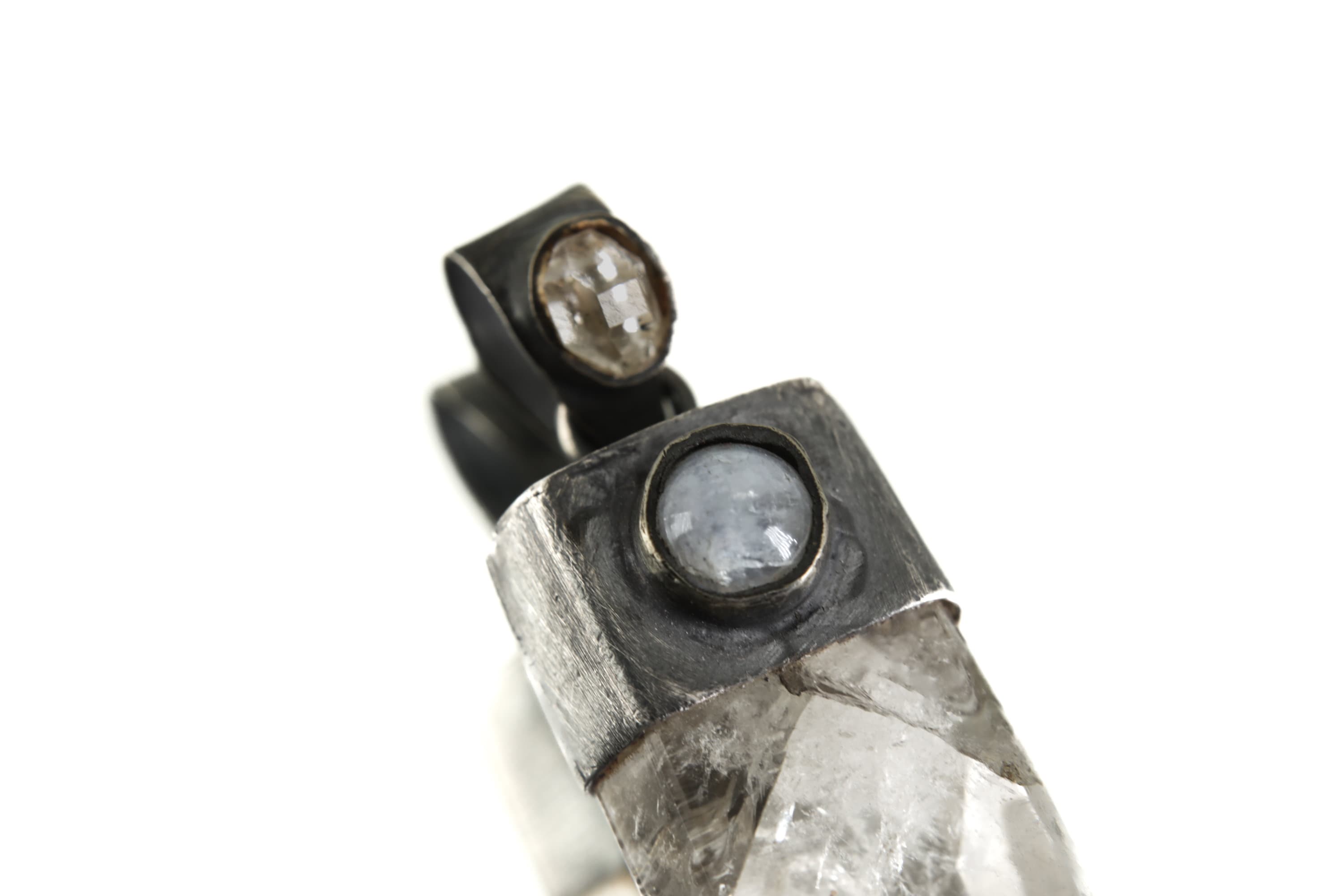 Celestial Harmony: Herkimer Diamond. Blue Moonstone, Polished Clear Quartz Generator Point - Silver Pendant - Texture - Oxidized - NO/02