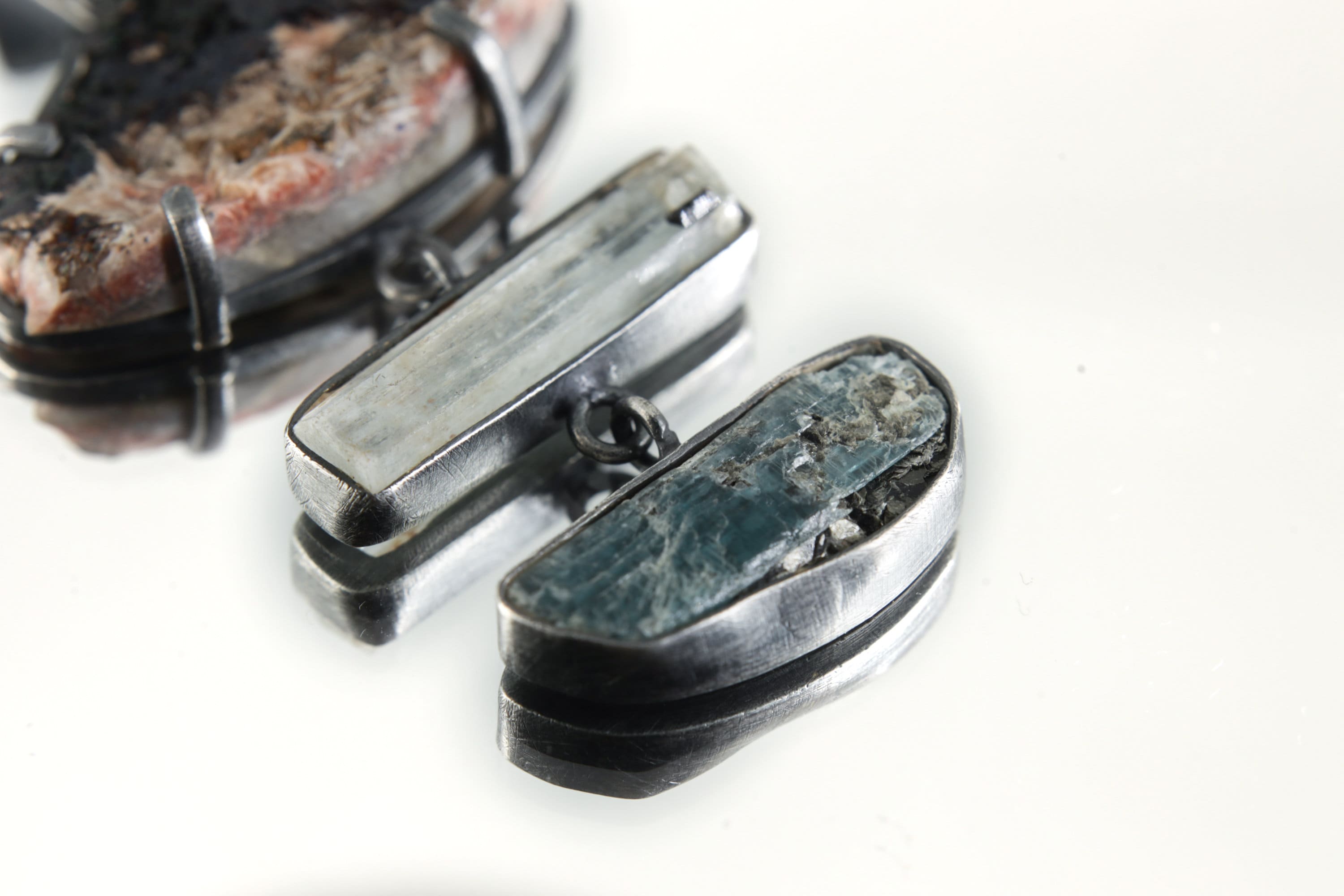 Australian Raw Azurite, Natural Gem Aquamarine & Ocea Kyanite - Sterling Silver Oxidized Finish Pendant