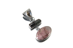 Sterling Silver Pendant with Labradorite Bail Terminated Green Tourmaline & Rhodochrosite Oxidized Brushed Finish, Heart Chakra Libra/Pisces