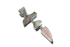 Oxidized Sterling Silver Pendant with Labradorite Bail, Aquamarine, Chrysocolla & Rhodochrosite, Brush Textured Dangle Crystal Charm,