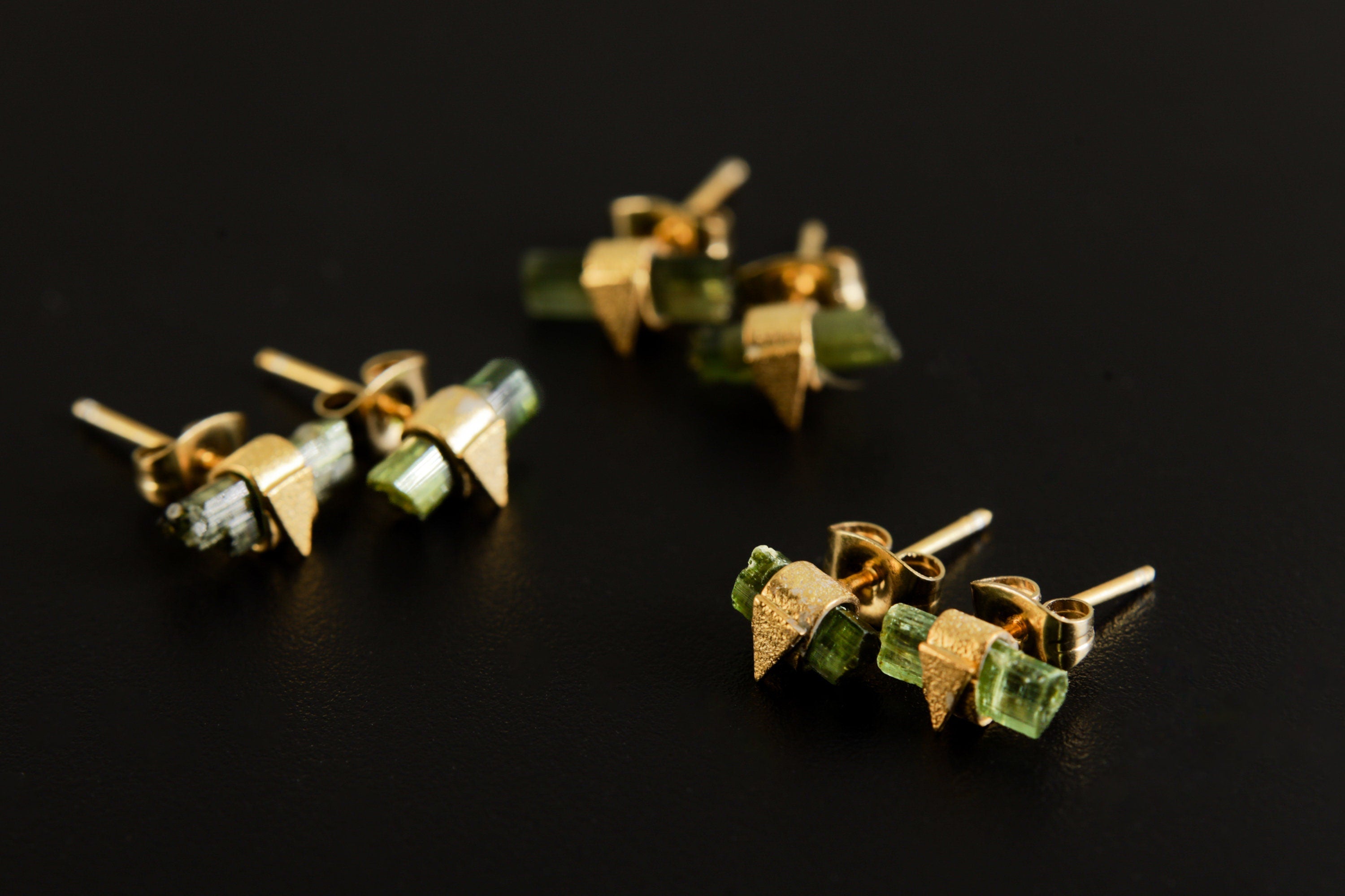 Gold Wrapped Green Tourmaline Ear Studs Sterling Silver Gold Plated Ear Charms Sand Textured Triangle Decor Earring Heart Chakra Libra/Virgo
