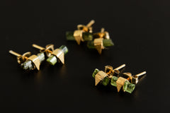 Gold Wrapped Green Tourmaline Ear Studs Sterling Silver Gold Plated Ear Charms Sand Textured Triangle Decor Earring Heart Chakra Libra/Virgo