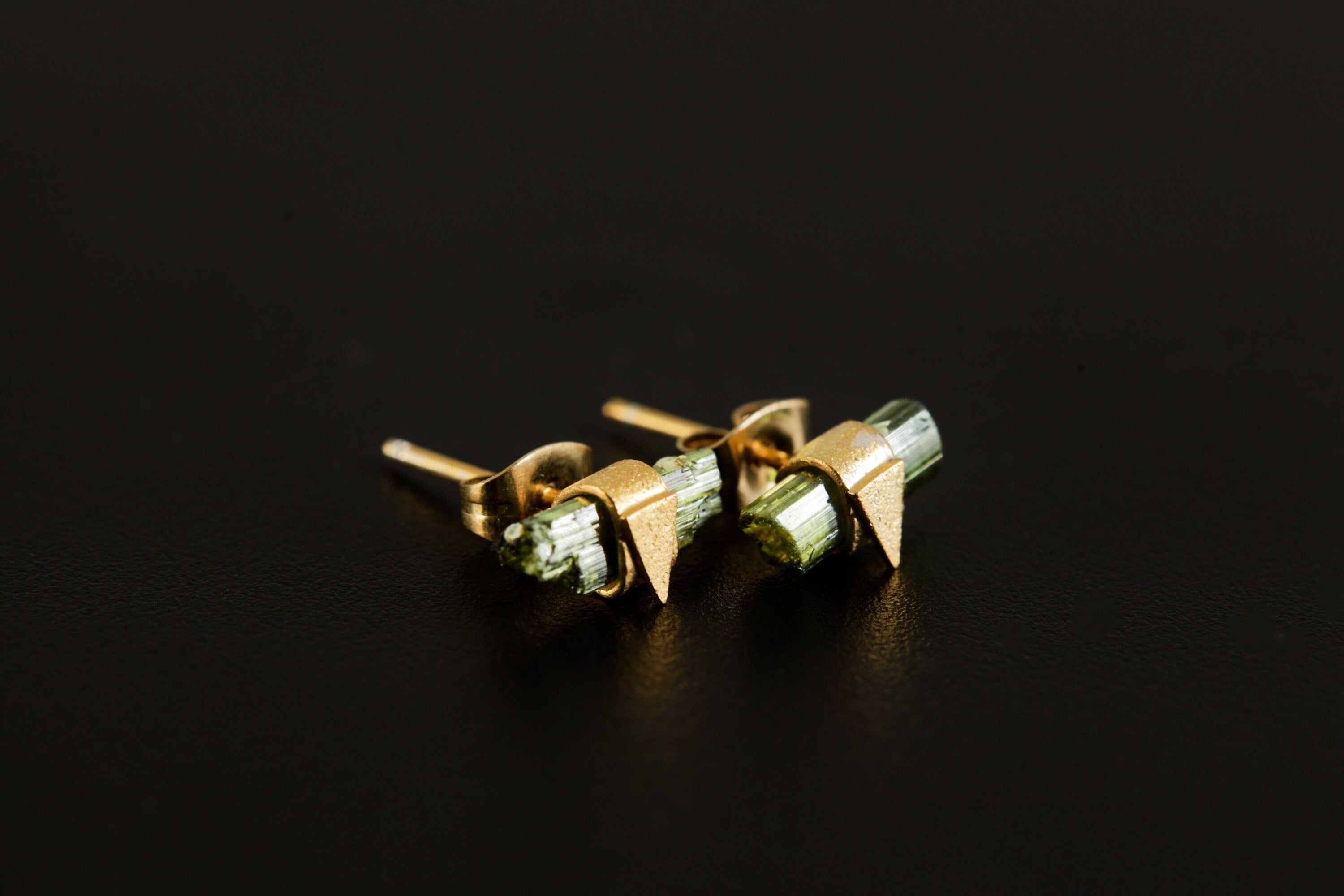 Gold Wrapped Green Tourmaline Ear Studs Sterling Silver Gold Plated Ear Charms Sand Textured Triangle Decor Earring Heart Chakra Libra/Virgo