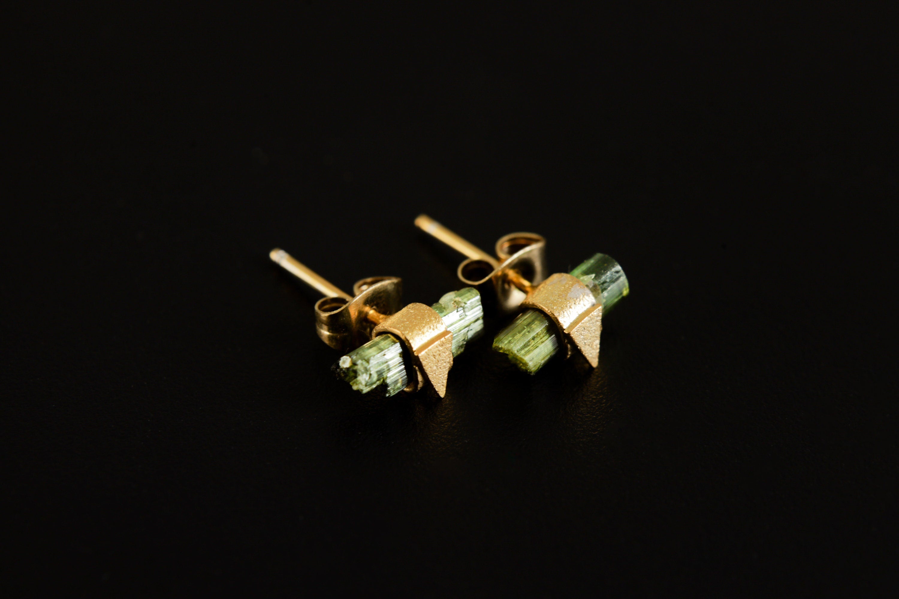 Gold Wrapped Green Tourmaline Ear Studs Sterling Silver Gold Plated Ear Charms Sand Textured Triangle Decor Earring Heart Chakra Libra/Virgo