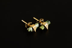 Gold Wrapped Green Tourmaline Ear Studs Sterling Silver Gold Plated Ear Charms Sand Textured Triangle Decor Earring Heart Chakra Libra/Virgo