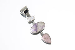The Pendant of Sapphire, Moonstone, Charoite & Rhodochrosite - Sterling Silver Pendant - Oxidized and Brush Texture