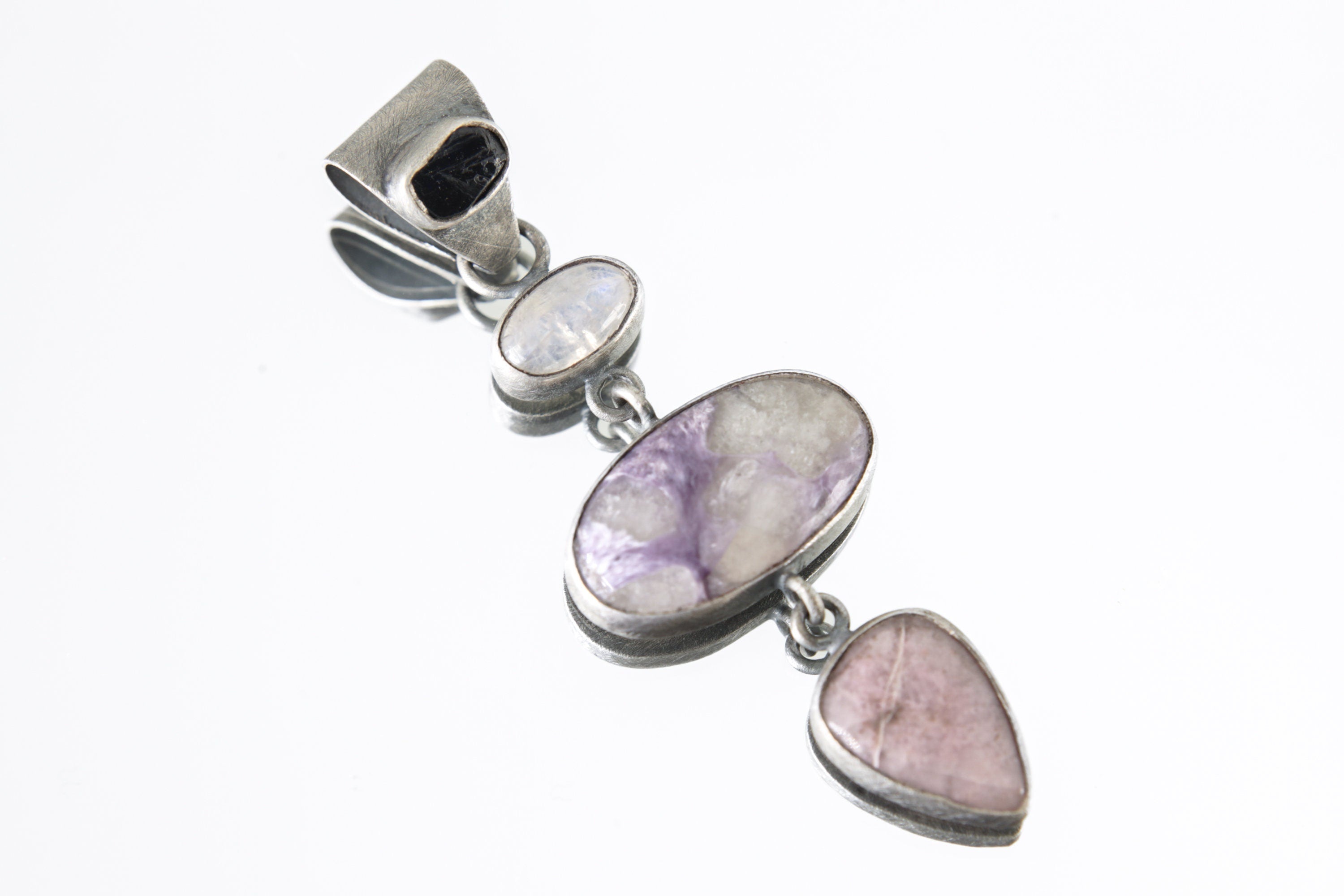 The Pendant of Sapphire, Moonstone, Charoite & Rhodochrosite - Sterling Silver Pendant - Oxidized and Brush Texture