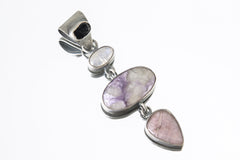 The Pendant of Sapphire, Moonstone, Charoite & Rhodochrosite - Sterling Silver Pendant - Oxidized and Brush Texture
