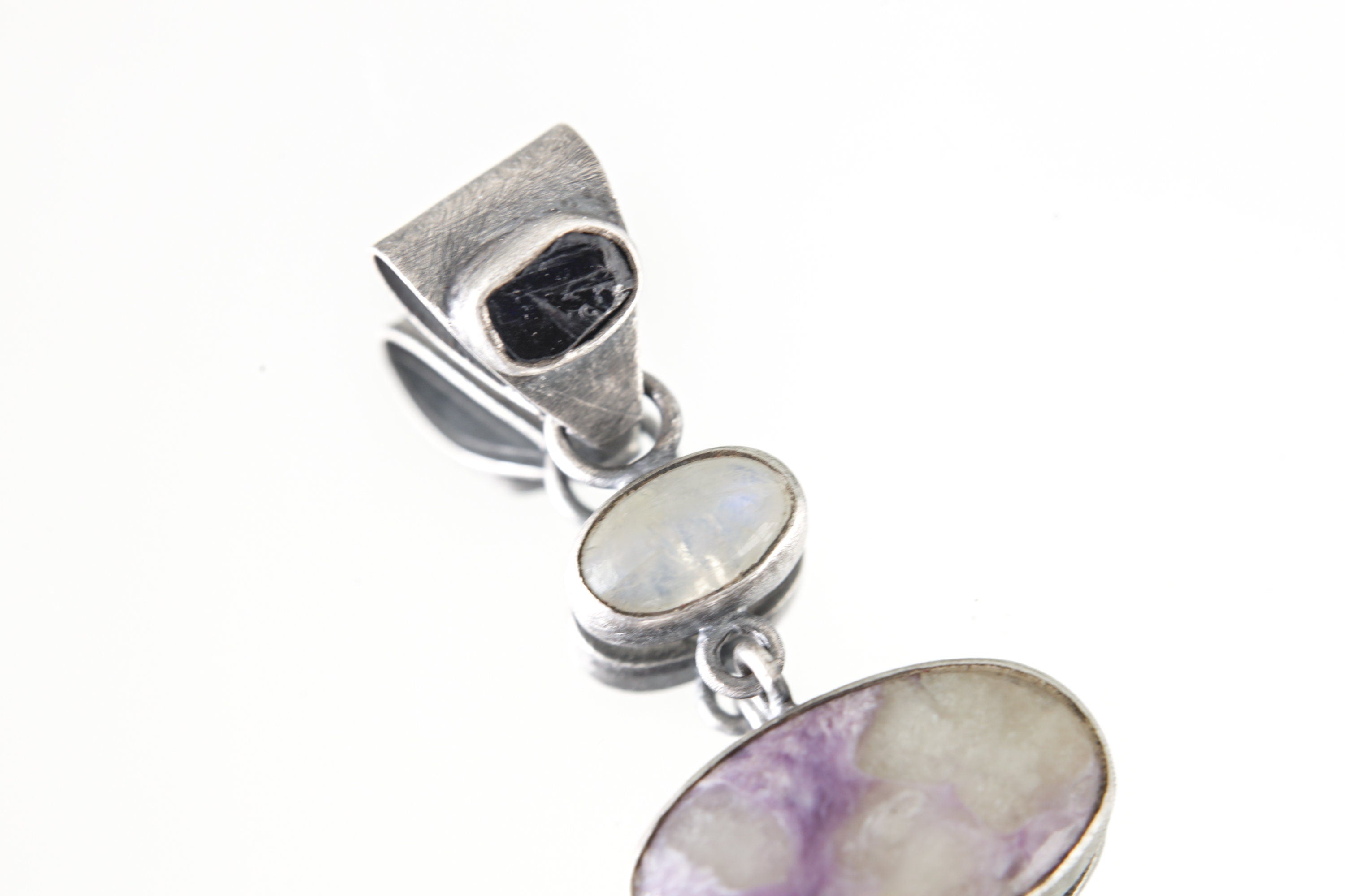 The Pendant of Sapphire, Moonstone, Charoite & Rhodochrosite - Sterling Silver Pendant - Oxidized and Brush Texture