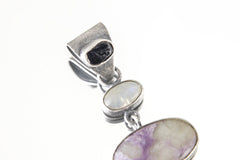 The Pendant of Sapphire, Moonstone, Charoite & Rhodochrosite - Sterling Silver Pendant - Oxidized and Brush Texture
