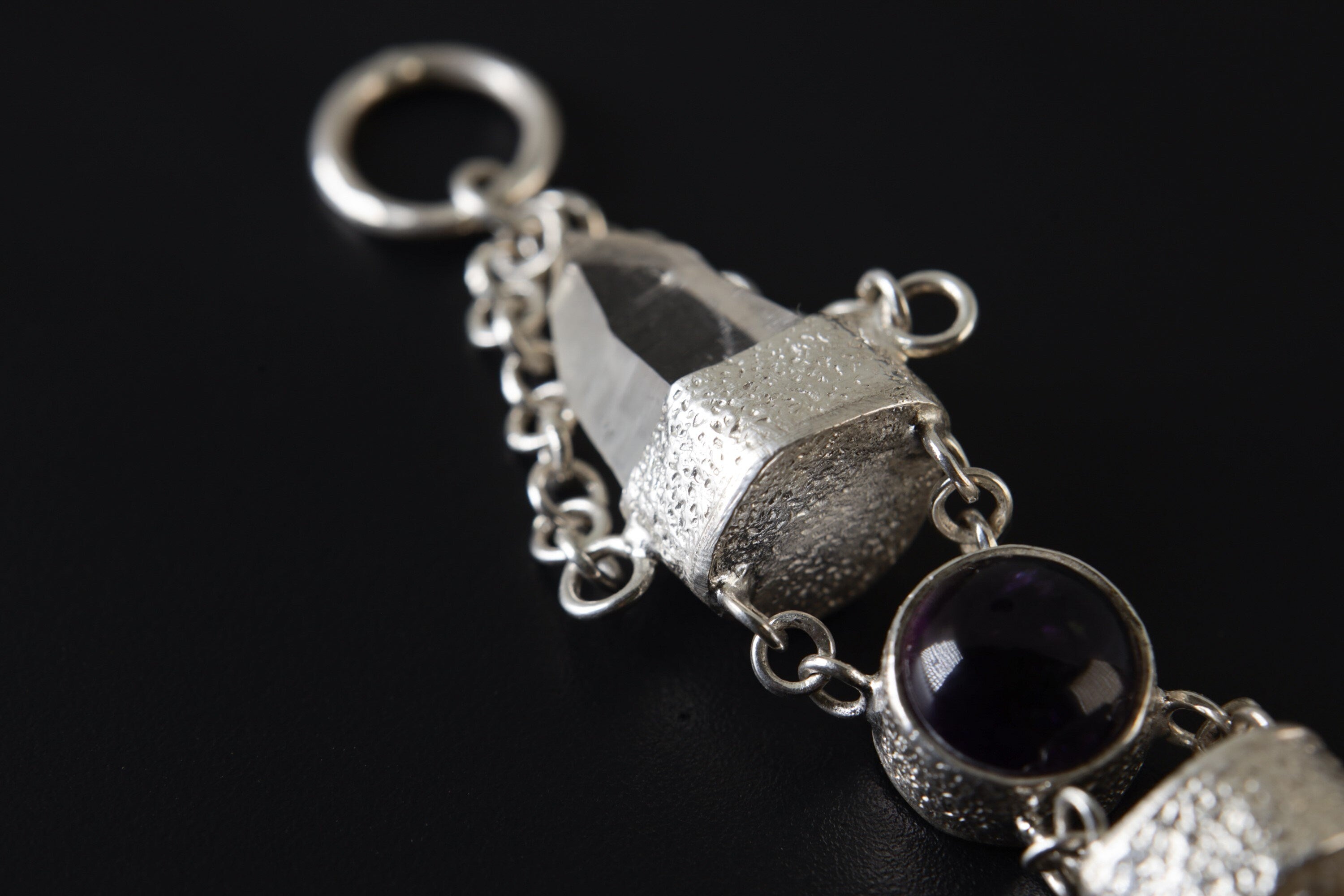 Sterling Silver Pendant, Lemurian Laser Harmony, Amethyst Center, Double Quartz Points, Dangling Chain Charm, Retro Sand Textured Finish