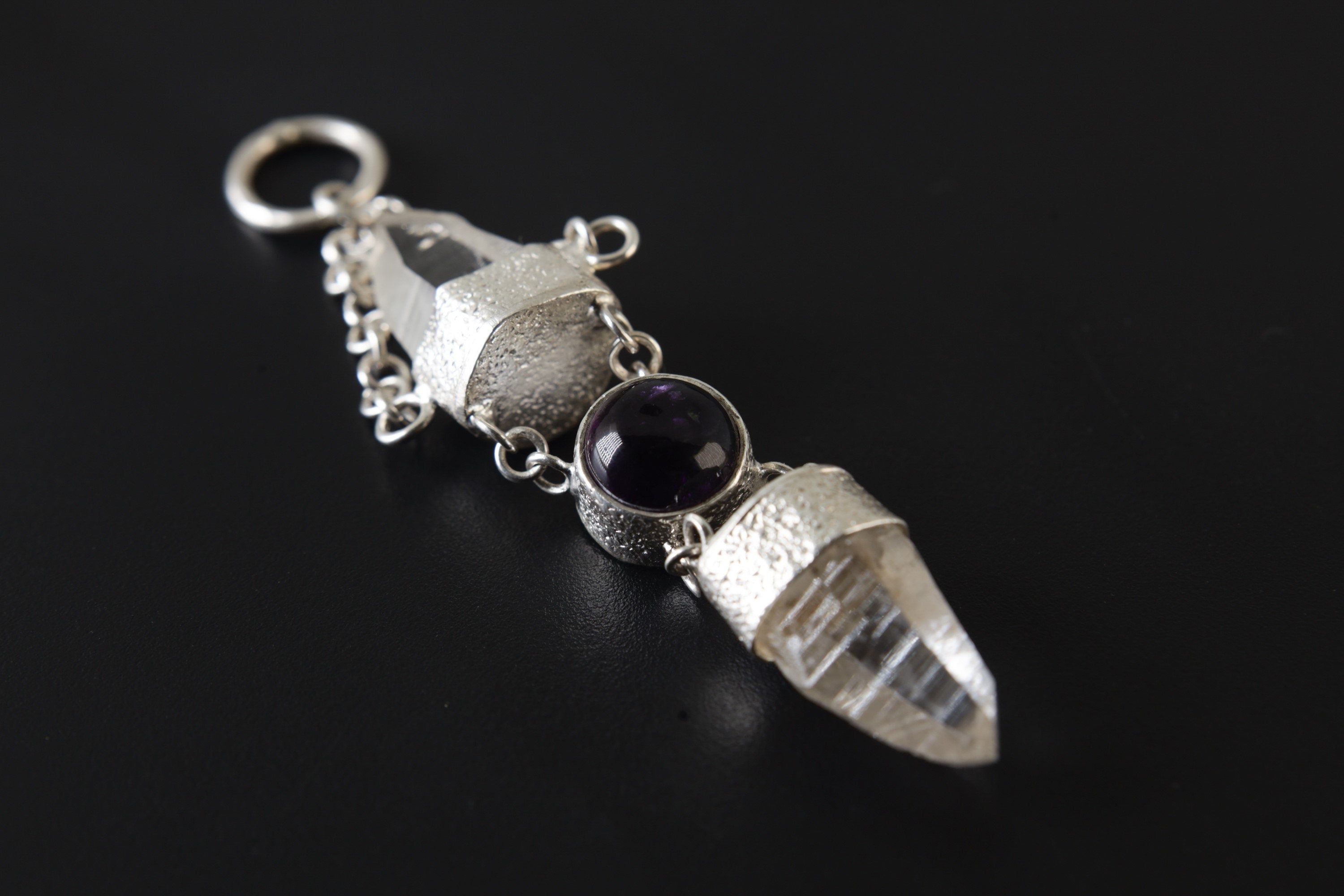 Sterling Silver Pendant, Lemurian Laser Harmony, Amethyst Center, Double Quartz Points, Dangling Chain Charm, Retro Sand Textured Finish