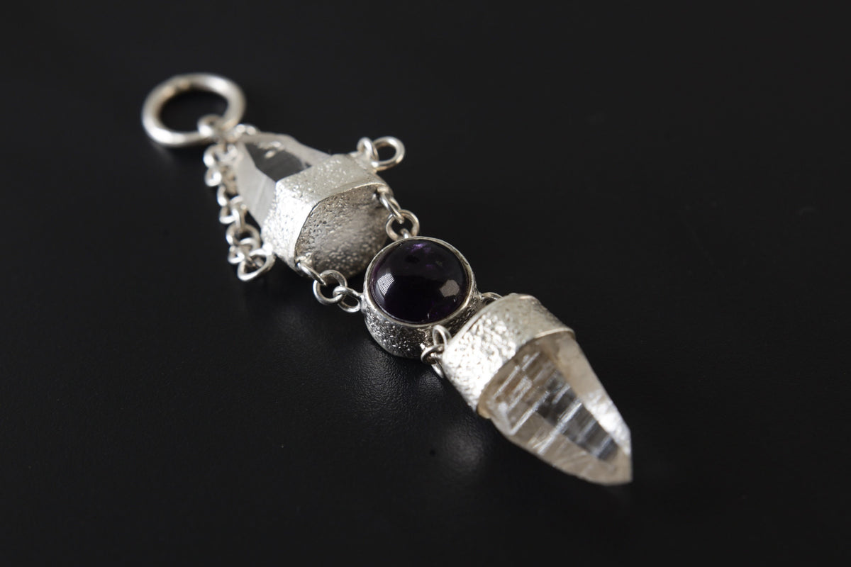 Sterling Silver Pendant, Lemurian Laser Harmony, Amethyst Center, Double Quartz Points, Dangling Chain Charm, Retro Sand Textured Finish