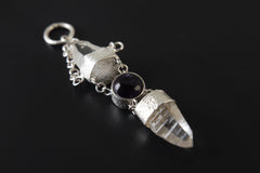 Sterling Silver Pendant, Lemurian Laser Harmony, Amethyst Center, Double Quartz Points, Dangling Chain Charm, Retro Sand Textured Finish