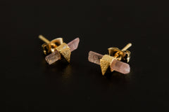 Petite Gold Plated 925 Sterling Silver Wrap Stud Earrings - Natural Raw Pink Tourmaline, Lux Sand Textured, Organic Style with Butterfly Pin