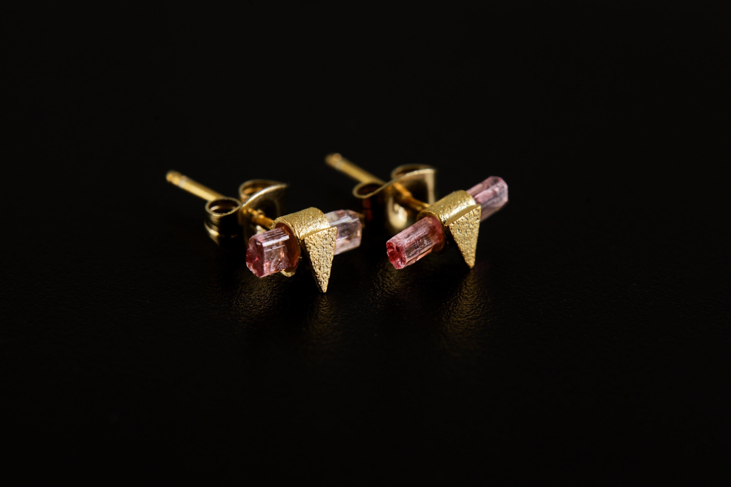 Pink Tourmaline Stud Earrings 18k Gold Plated 925 Sterling Silver Triangle Raw Crystal Heart Chakra Gift
