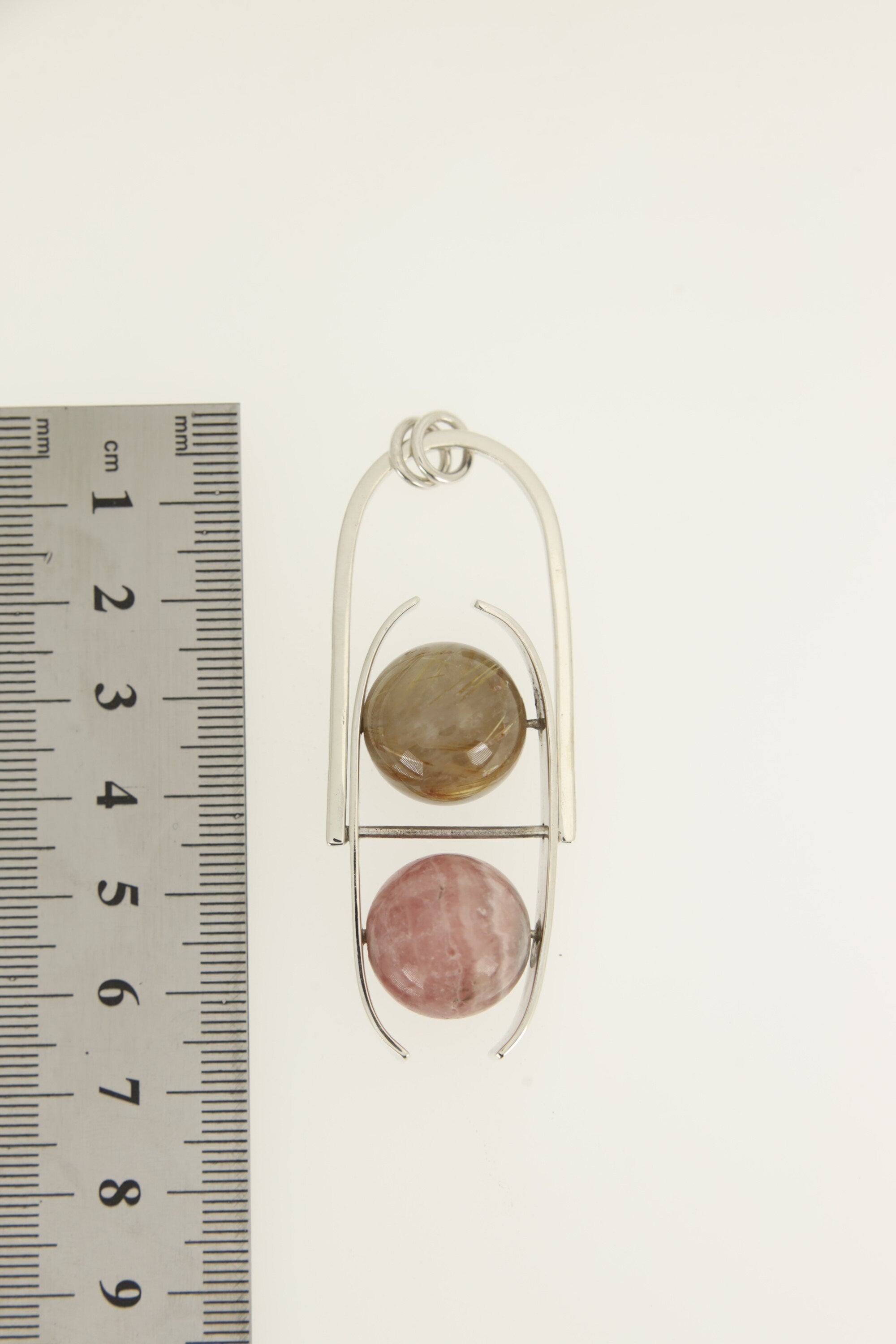 Rhodochrosite & Golden Rutile Sphere Pendant, Sterling Silver Crystal Fidgeting Toy, High Polish Finish, Heart Chakra, Leo/Sagittarius