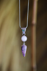 Hammered Textured Sterling Silver Pendant, Emerald Bail, Dangling Pearl and Tooth-Shaped Sugilite Cabochon, Rugged Oxidized Crystal Charm