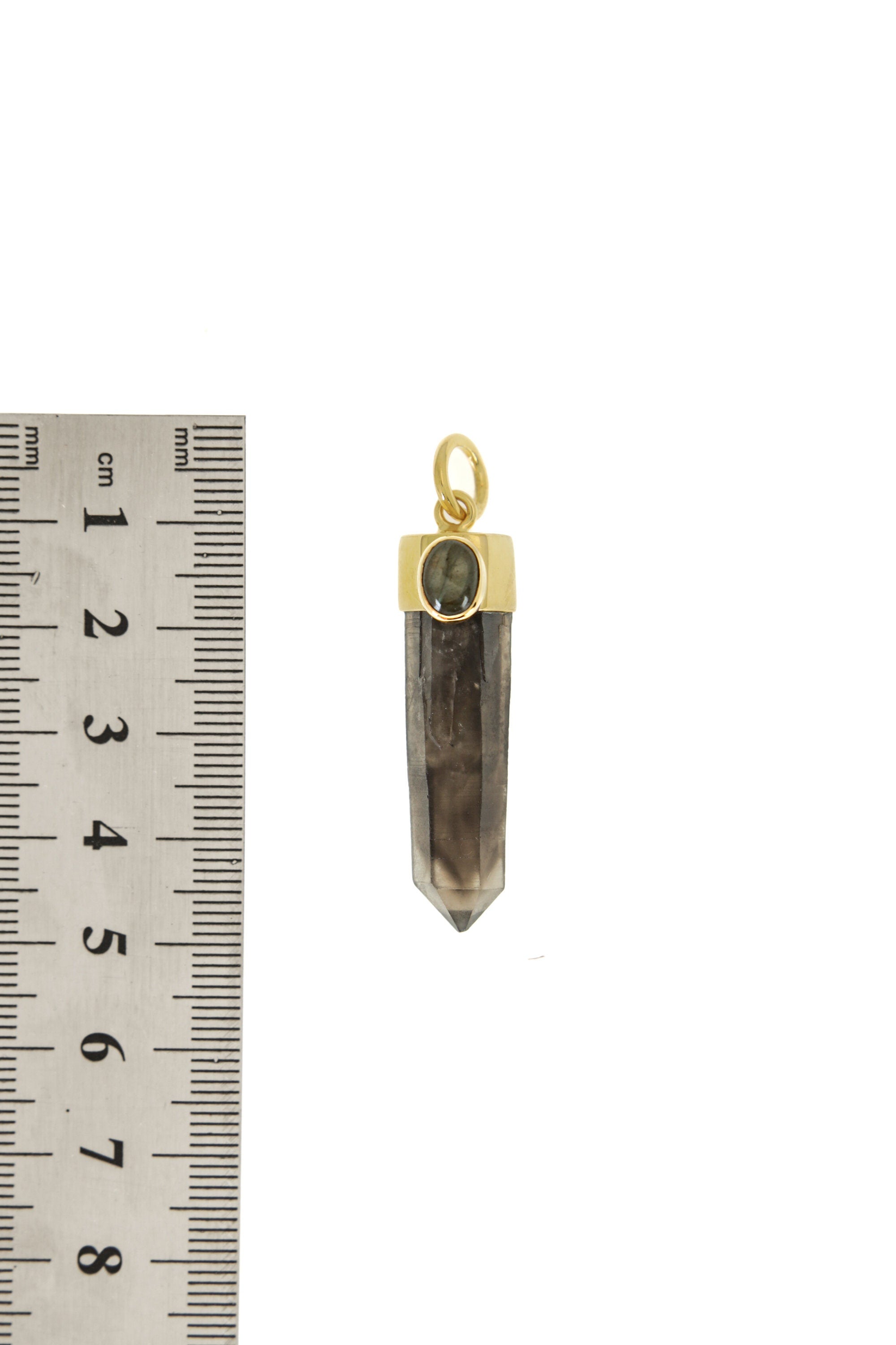 Smoky Phantom Quartz Labradorite pendant shown beside a ruler for scale with 7 mm circular bail and gold-plated cap.