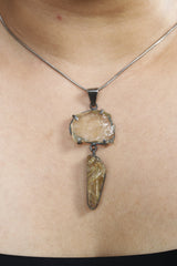 Oxidized Sterling Silver Dangle Crystal Pendant with Raw Claw Set Aquamarine & Freeform Faceted Gold Triangle Rutile Quartz, Old World Feel