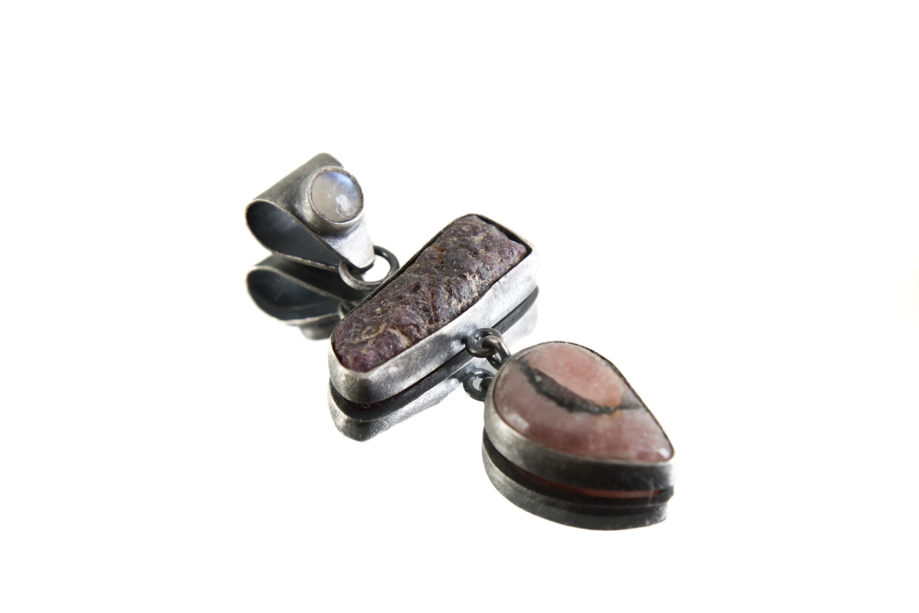 Sterling Silver Pendant with Moonstone Raw Ruby & Rhodochrosite Dangle Charm, Brushed, Oxidized Heart/Root Chakra Love Passion Cancer/Leo