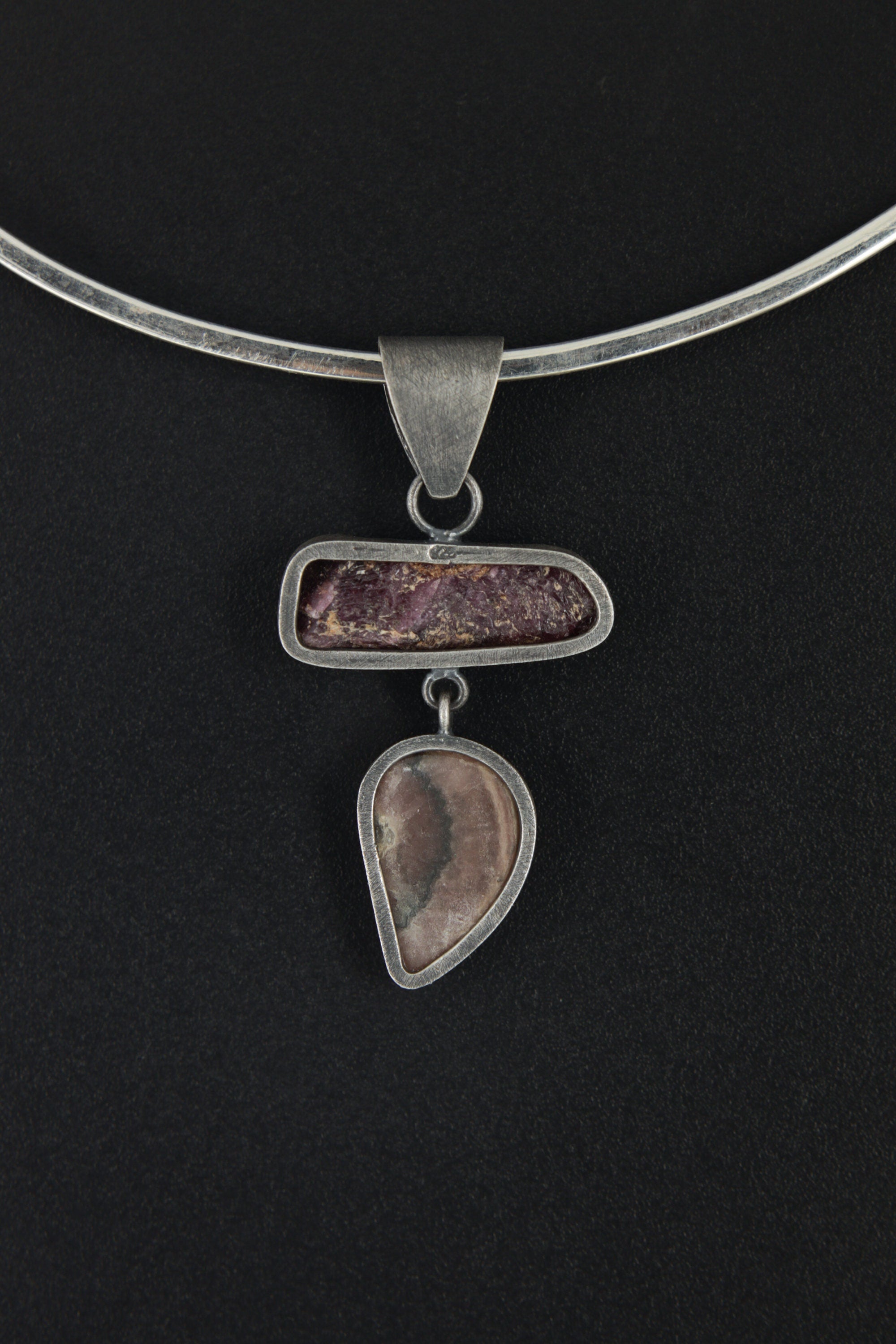 Sterling Silver Pendant with Moonstone Raw Ruby & Rhodochrosite Dangle Charm, Brushed, Oxidized Heart/Root Chakra Love Passion Cancer/Leo