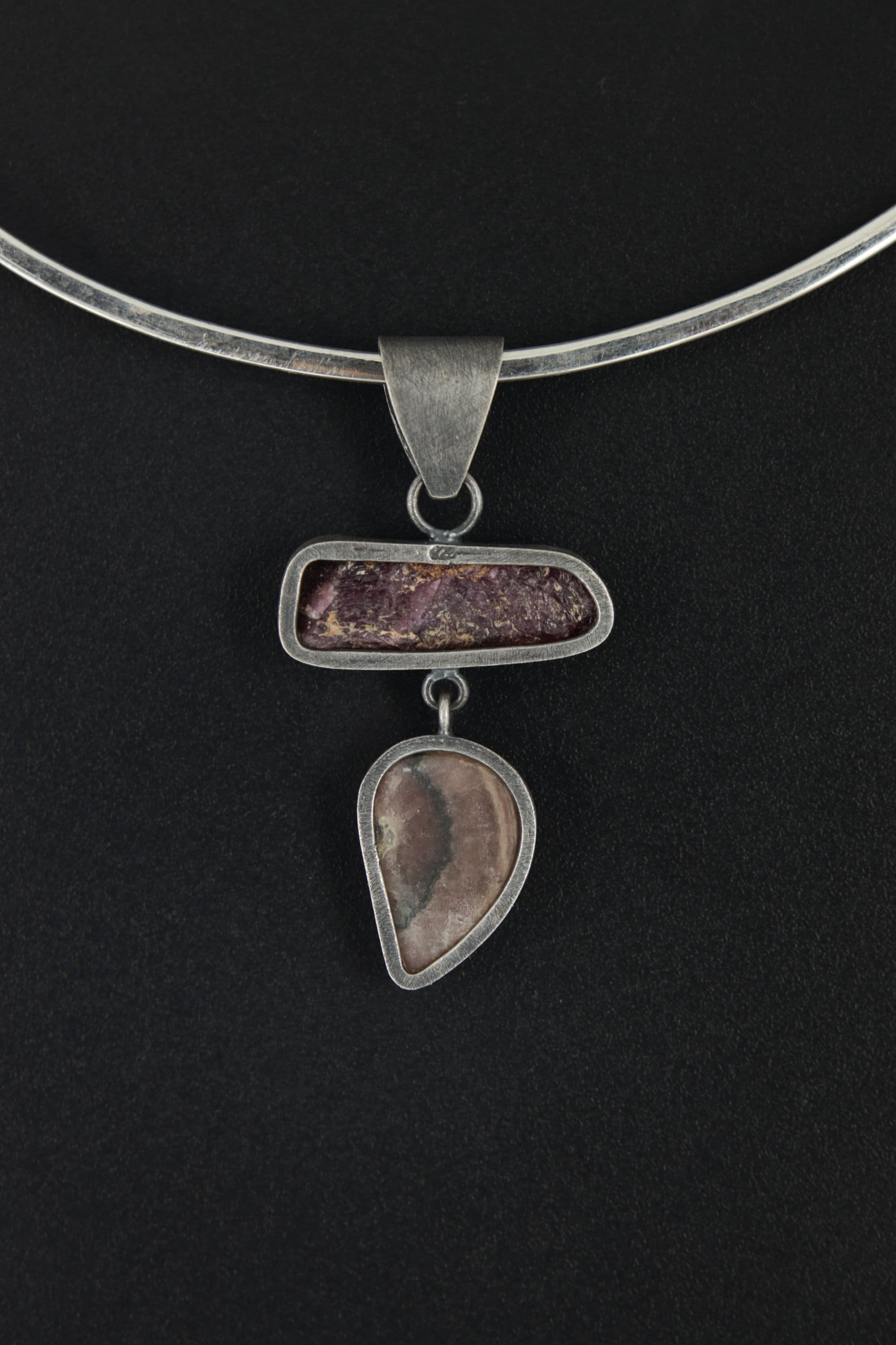Moonstone Raw Ruby Rhodochrosite Pendant, Oxidized Sterling Silver, Brushed Dangle Charm, Heart Root Chakra, Cancer Leo