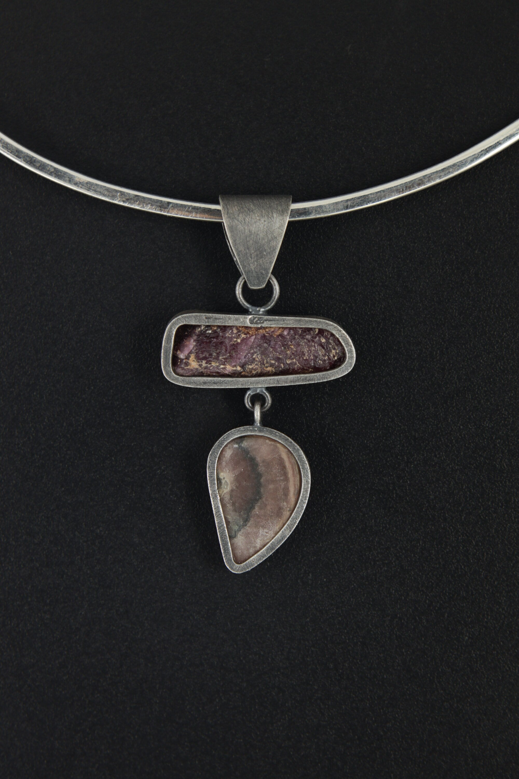 Moonstone Raw Ruby Rhodochrosite Pendant, Oxidized Sterling Silver, Brushed Dangle Charm, Heart Root Chakra, Cancer Leo