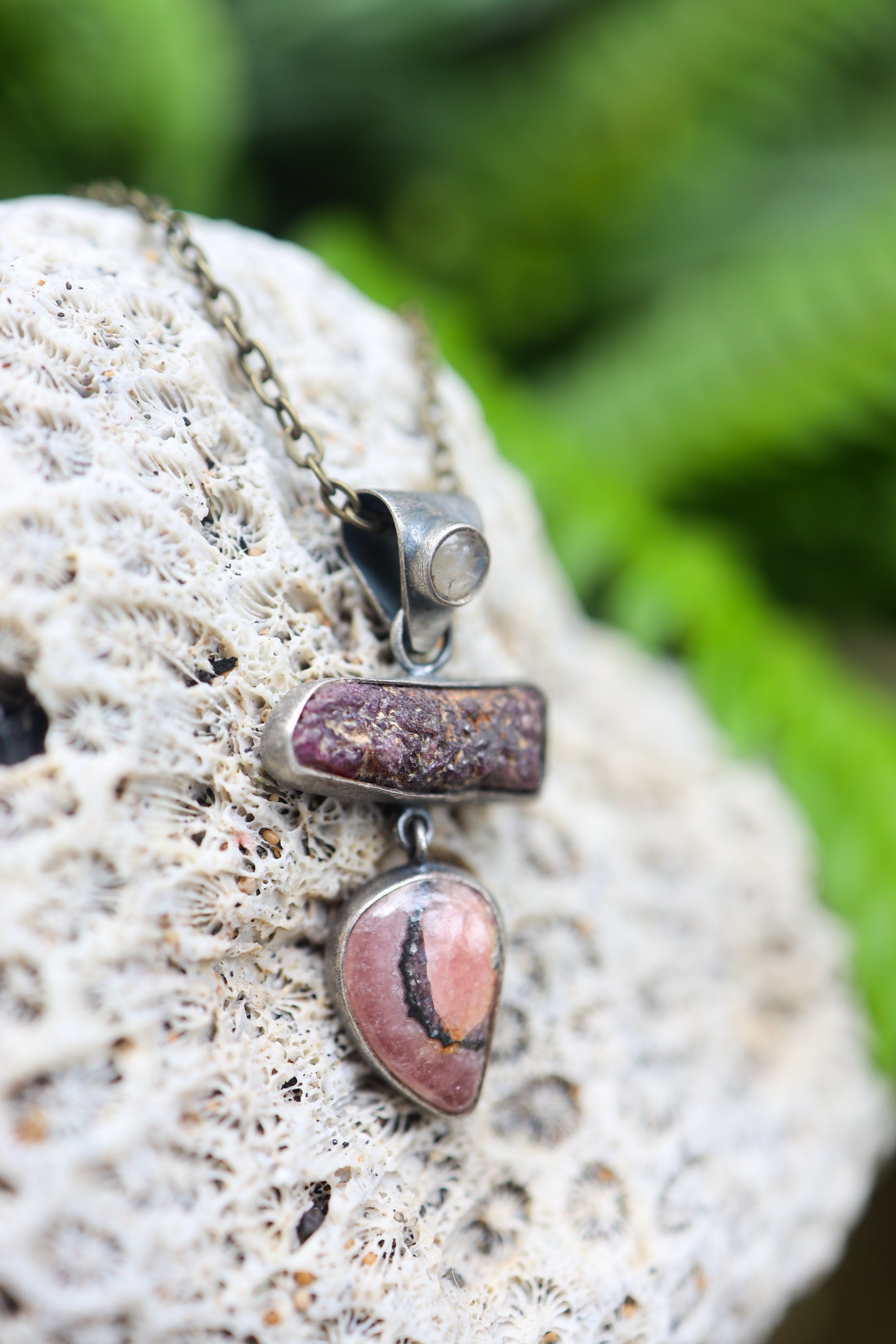 Sterling Silver Pendant with Moonstone Raw Ruby & Rhodochrosite Dangle Charm, Brushed, Oxidized Heart/Root Chakra Love Passion Cancer/Leo