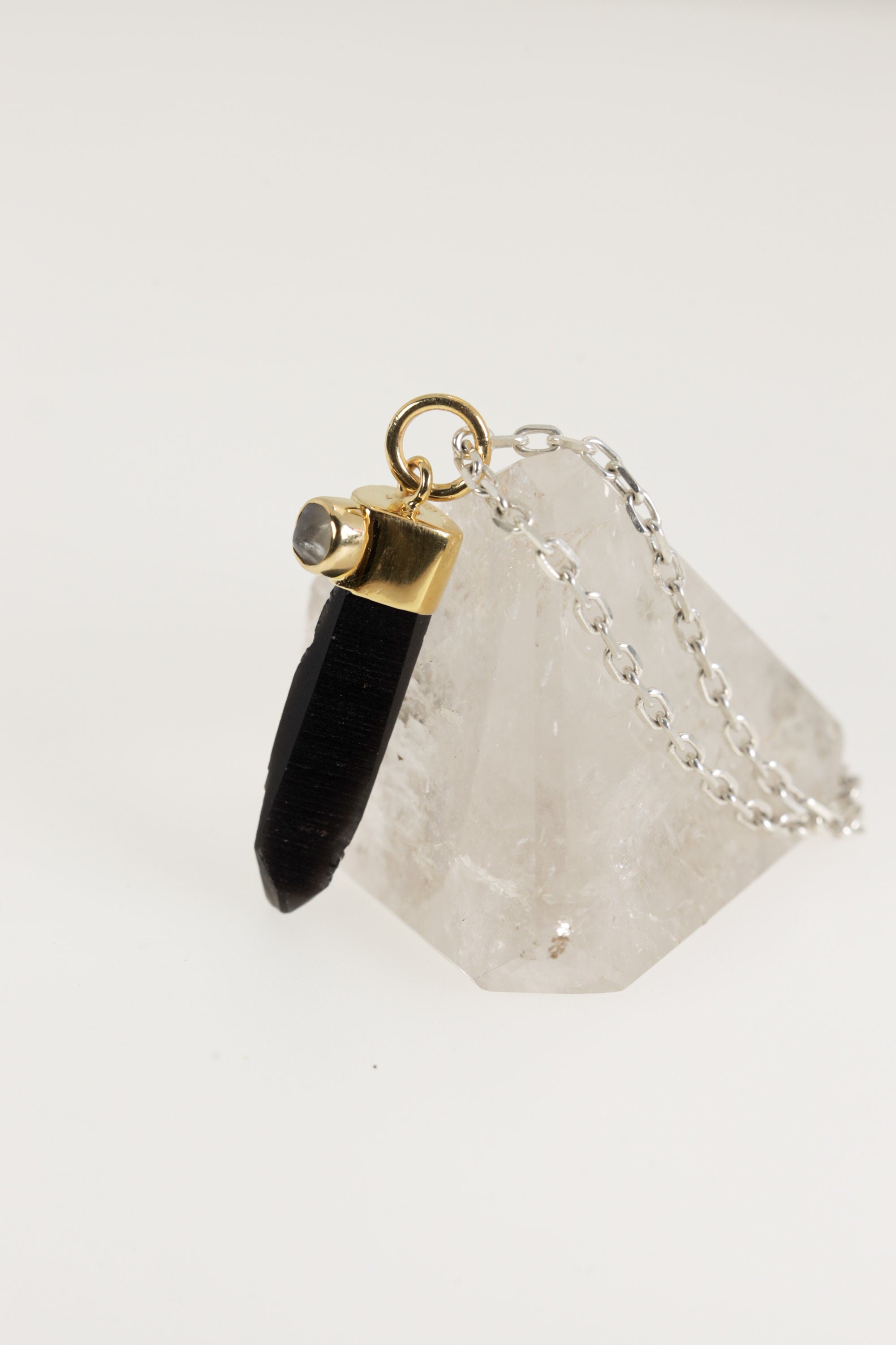 Smoky Phantom Quartz Moonstone Pendant Gold Plated Silver Necklace Root Crown Chakra Scorpio Gift