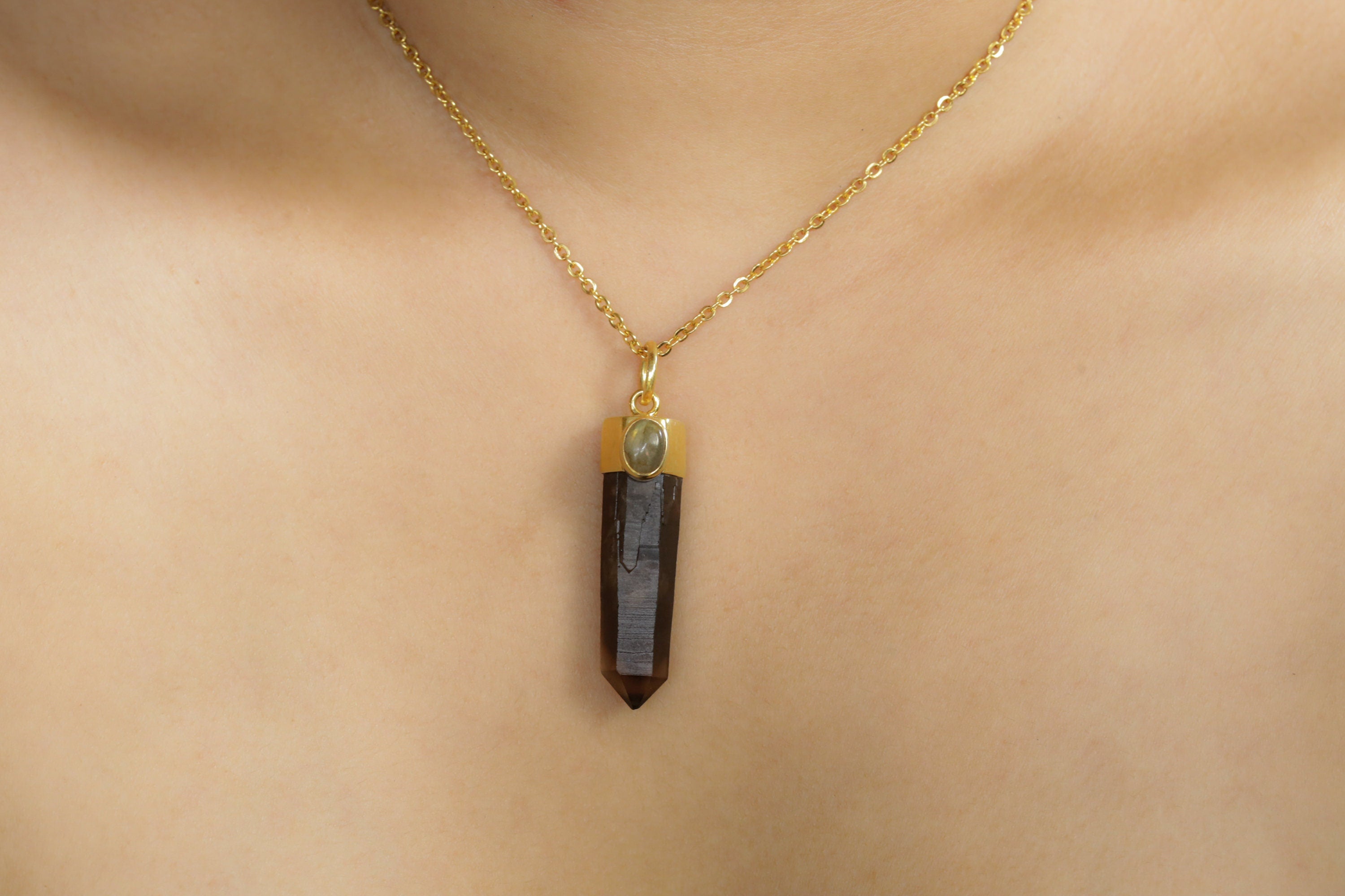 Gold-Plated Sterling Silver Pendant: Australian Smoky Phantom Quartz & Rainbow Labradorite