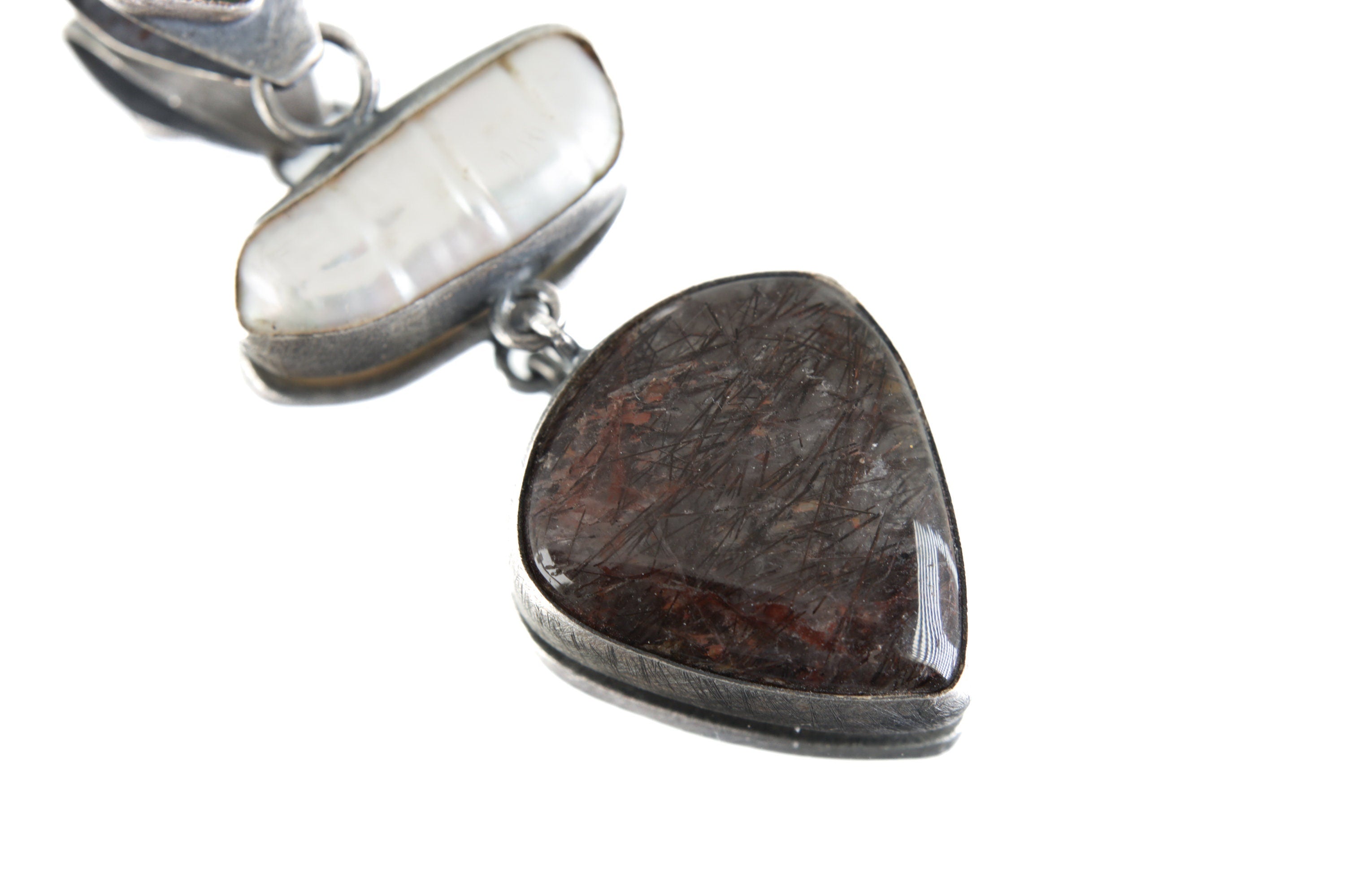 South Sea Pearl Black Rutile Quartz Pendant 925 Silver Oxidized Crystal Necklace Brush Texture Lunar Protection Gift