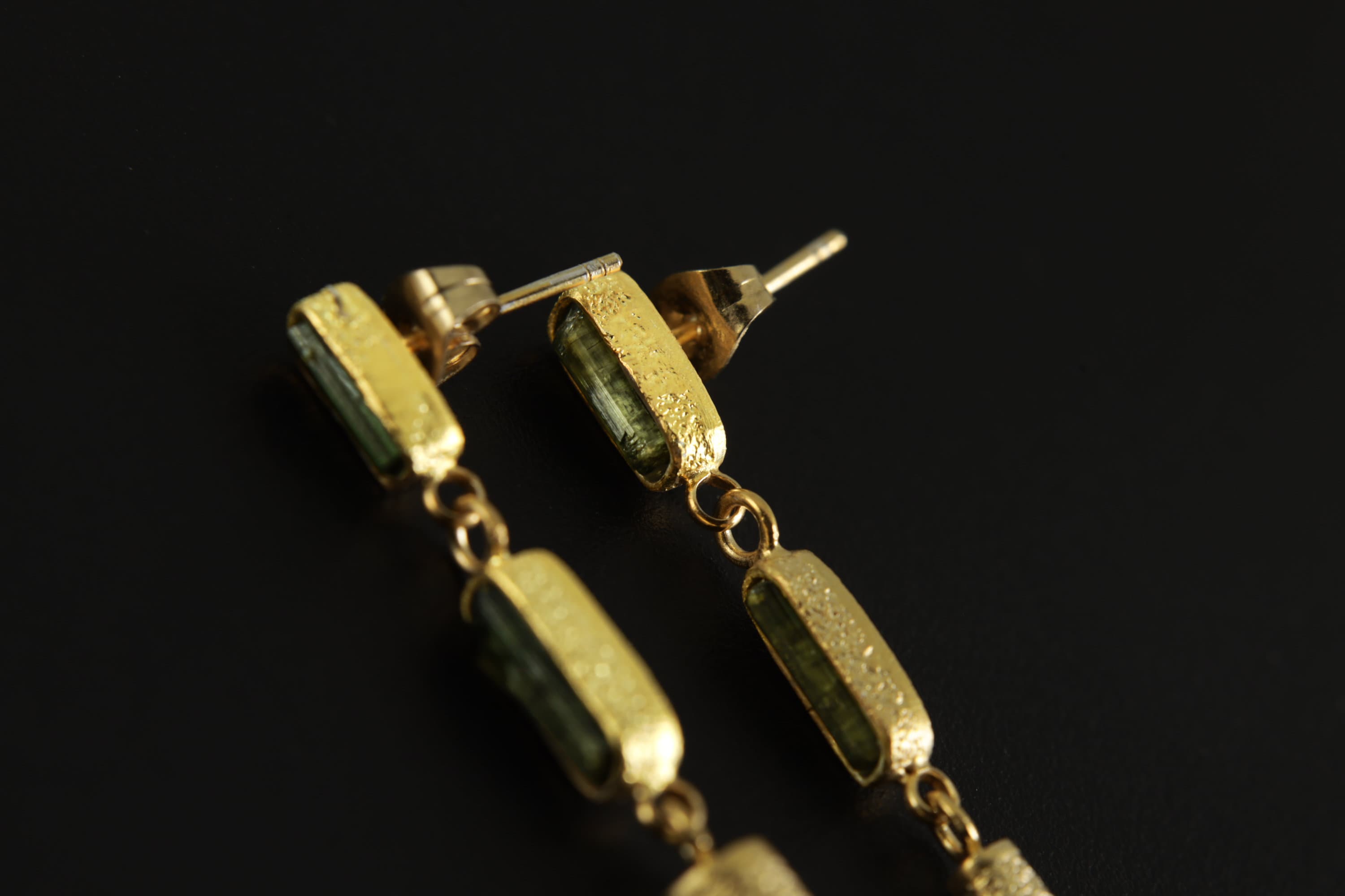 Lux Sand Textured Gold-Plated Silver Dangle Stud Earrings Featuring 2 Gem Green Tourmaline and a Rare Green Chlorite Laser Quartz Spikes