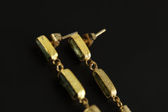 Lux Sand Textured Gold-Plated Silver Dangle Stud Earrings Featuring 2 Gem Green Tourmaline and a Rare Green Chlorite Laser Quartz Spikes