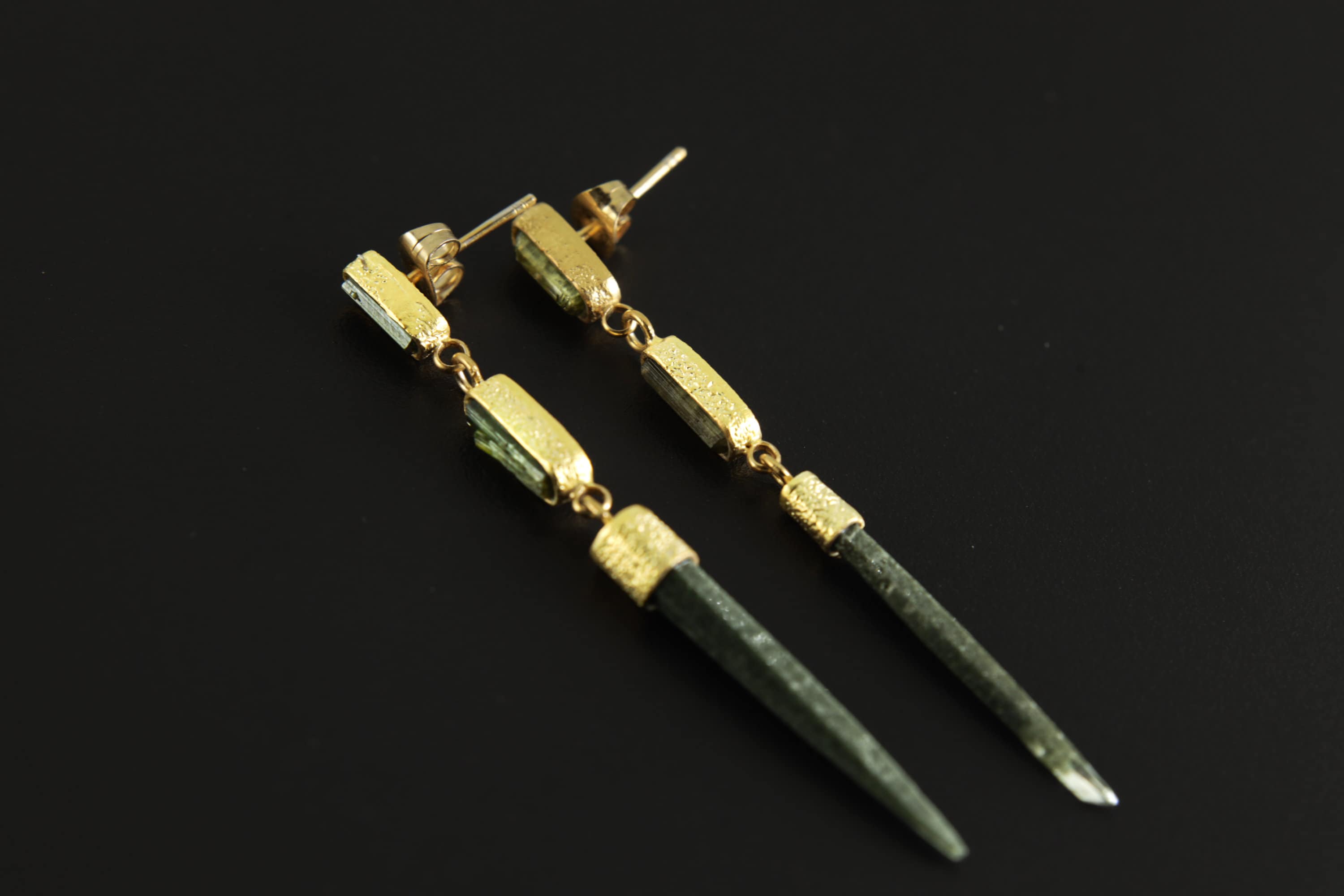Lux Sand Textured Gold-Plated Silver Dangle Stud Earrings Featuring 2 Gem Green Tourmaline and a Rare Green Chlorite Laser Quartz Spikes