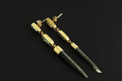 Lux Sand Textured Gold-Plated Silver Dangle Stud Earrings Featuring 2 Gem Green Tourmaline and a Rare Green Chlorite Laser Quartz Spikes