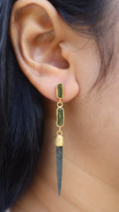 Lux Sand Textured Gold-Plated Silver Dangle Stud Earrings Featuring 2 Gem Green Tourmaline and a Rare Green Chlorite Laser Quartz Spikes