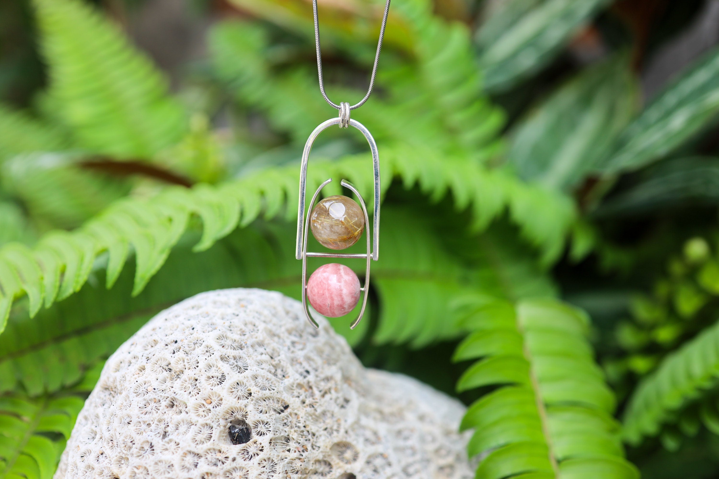 Rhodochrosite & Golden Rutile Sphere Pendant, Sterling Silver Crystal Fidgeting Toy, High Polish Finish, Heart Chakra, Leo/Sagittarius
