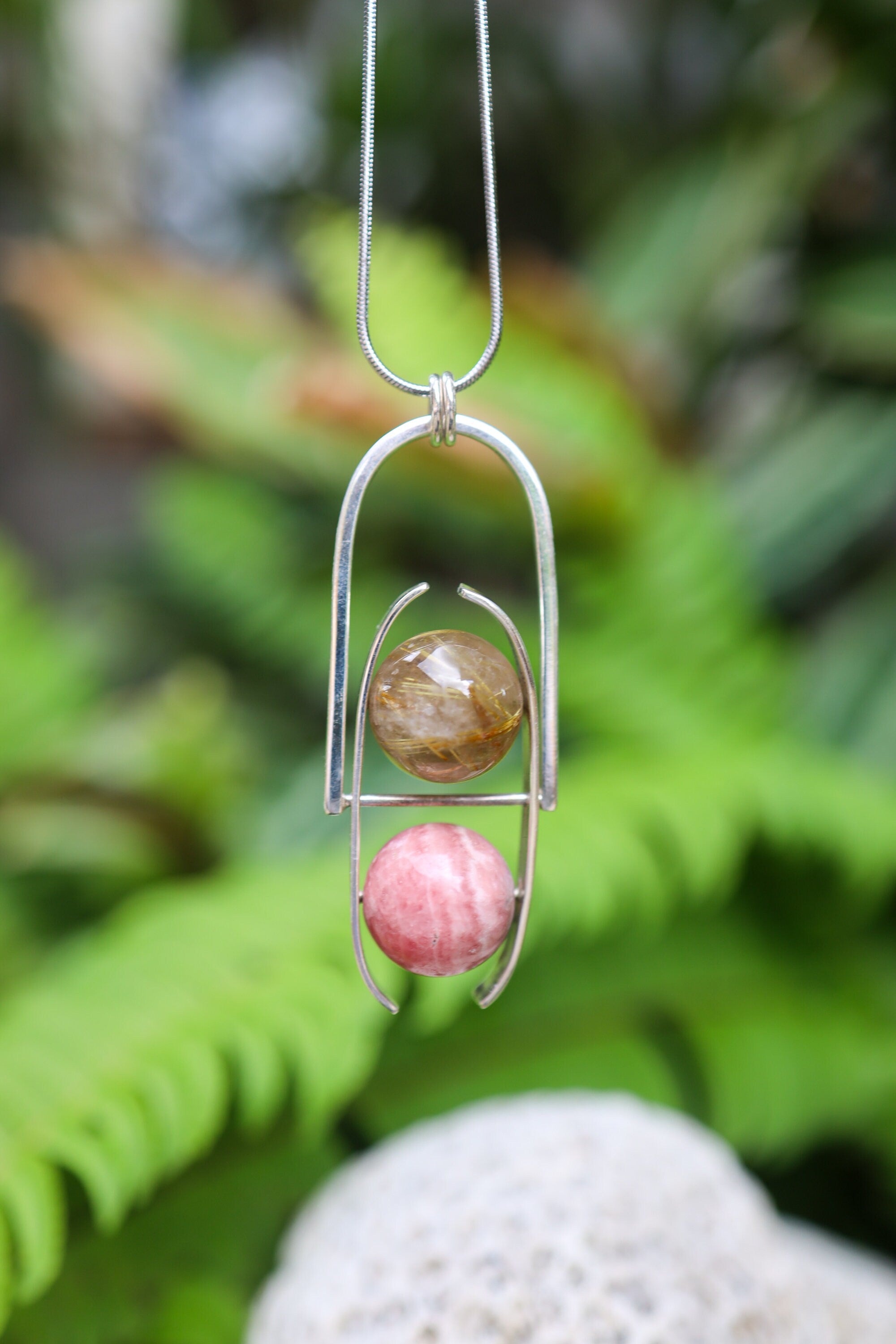 Rhodochrosite & Golden Rutile Sphere Pendant, Sterling Silver Crystal Fidgeting Toy, High Polish Finish, Heart Chakra, Leo/Sagittarius