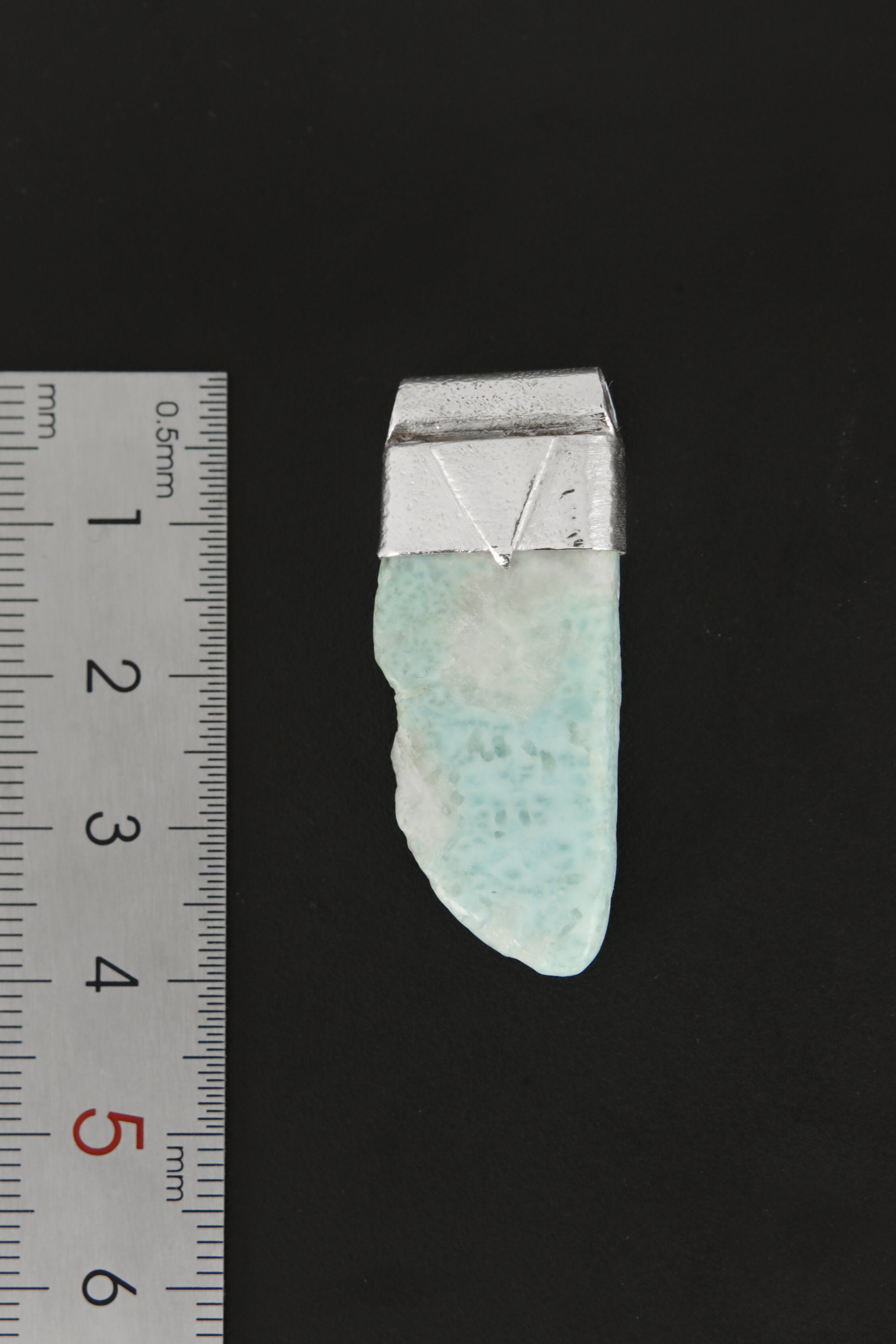 Freeform Larimar Stack Pendant shown beside a ruler for scale with 925 silver cap and ocean-blue stone.
