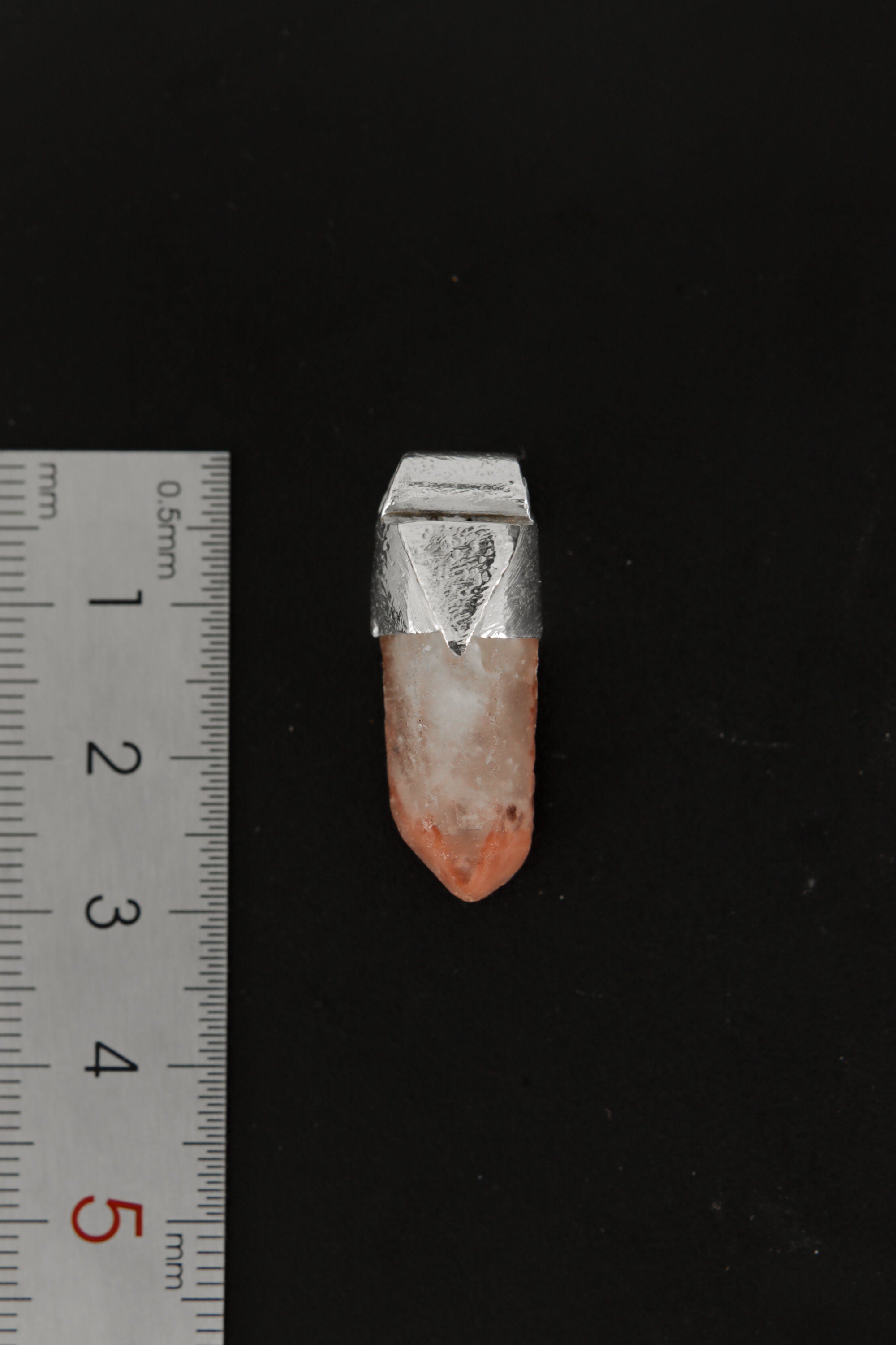 Australian Phantom Lithium Quartz Stack Pendant shown beside a ruler for scale with 925 silver cap and crystal point.
