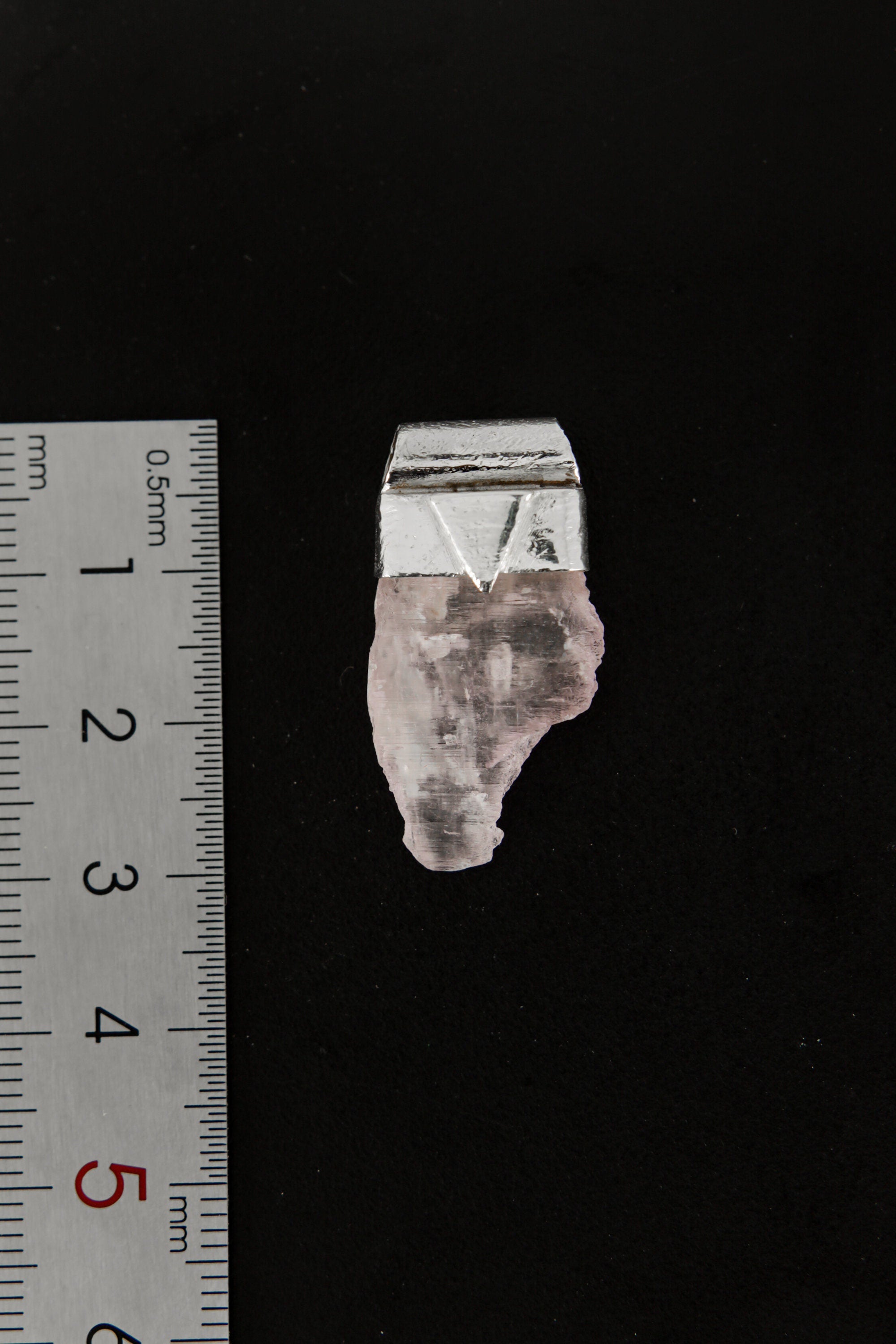 Light Pink Kunzite Stack Pendant shown beside a ruler for scale, measuring approximately 3 cm long.