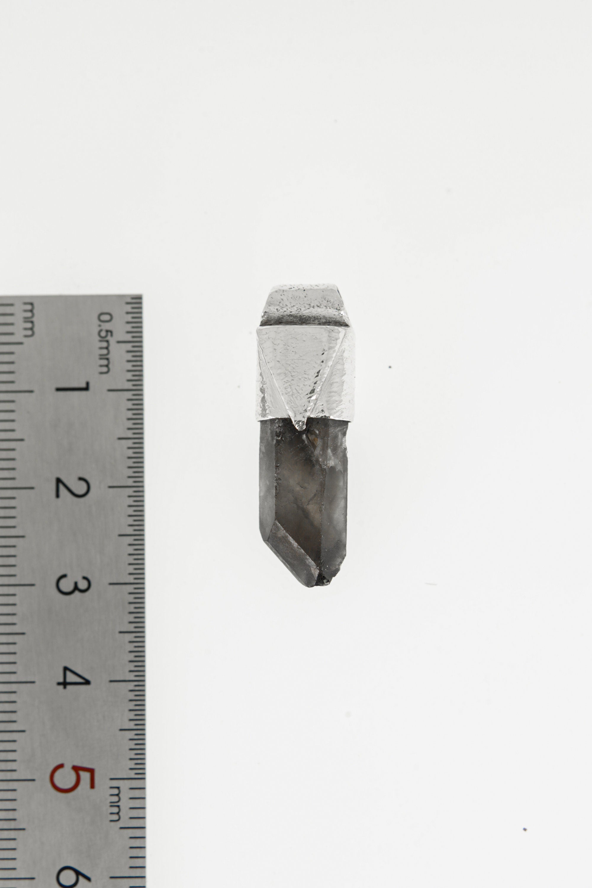 Australian Smoky Phantom Window Quartz Stack Pendant shown beside a ruler for scale with 925 silver cap and smoky crystal body.