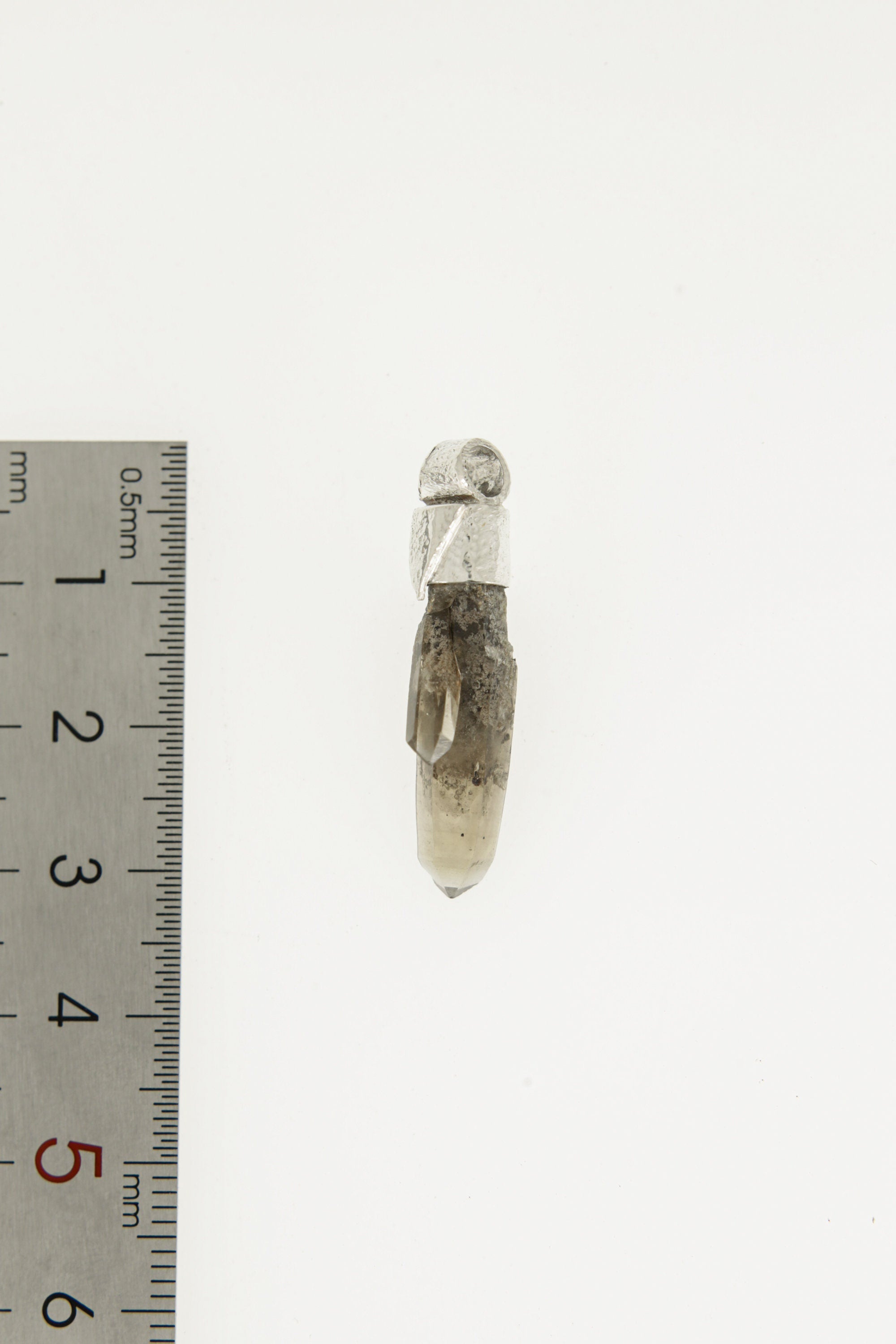 Torrington Cathedral Twin Phantom Laser Citrine Quartz Stack Pendant shown beside a ruler for scale with 925 silver cap.