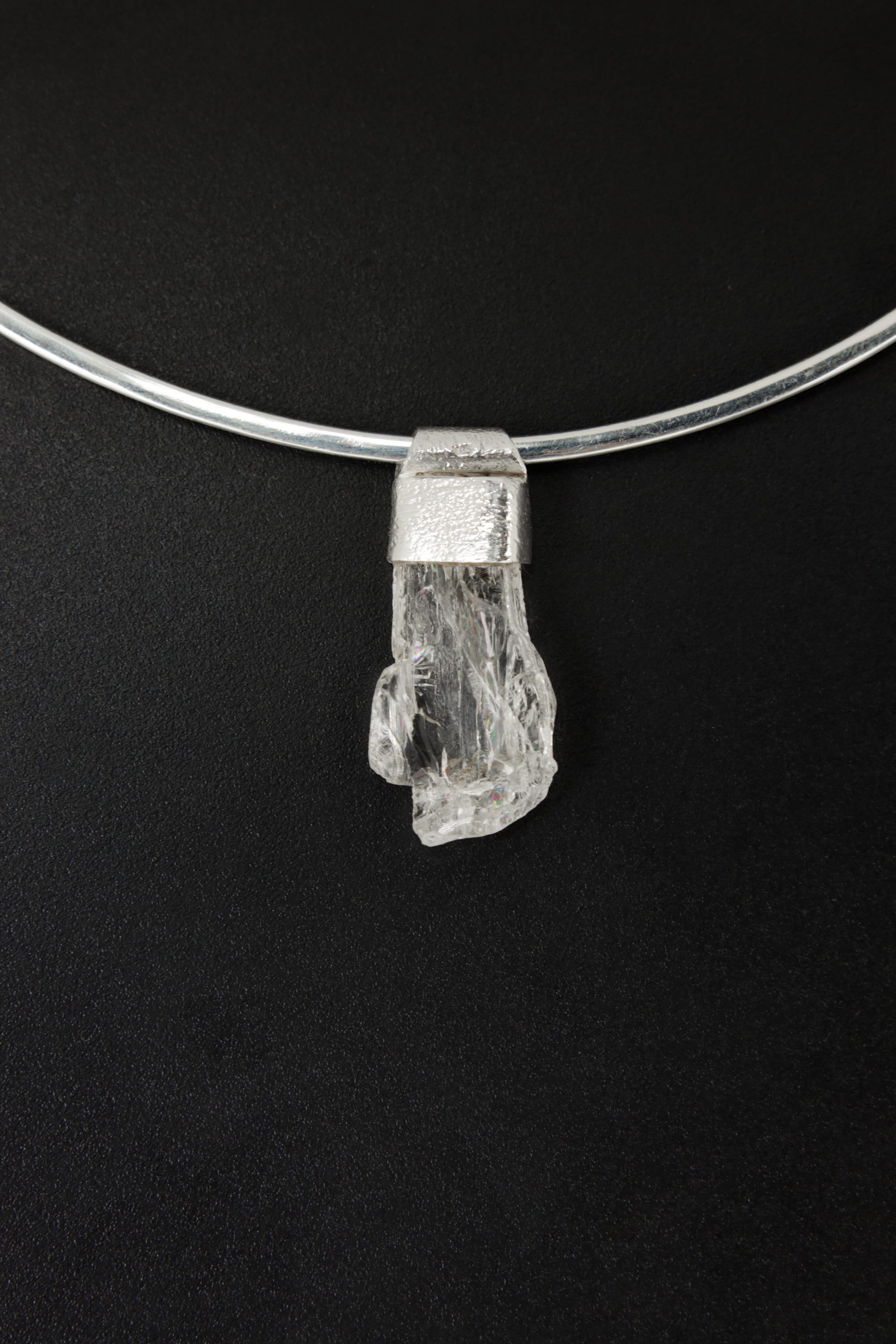 Naturally Clear Spodumene Slice - Stack Pendant - Organic Textured 925 Sterling Silver - Crystal Necklace