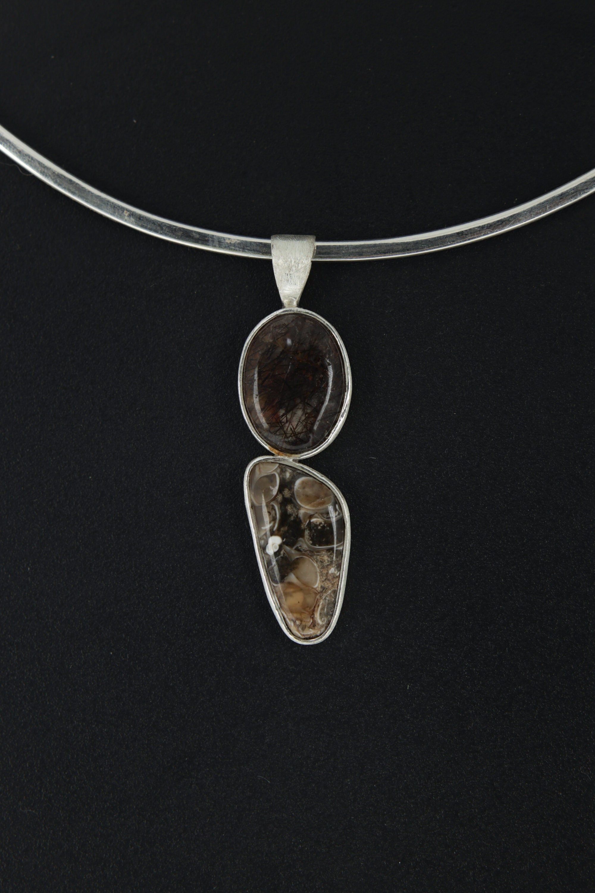 Double Crystal Pendant with Seabed Fossils Cabochon and Black Rutile Quartz Sterling Silver Brushed Texture & Matte Finish Fossilised Shell