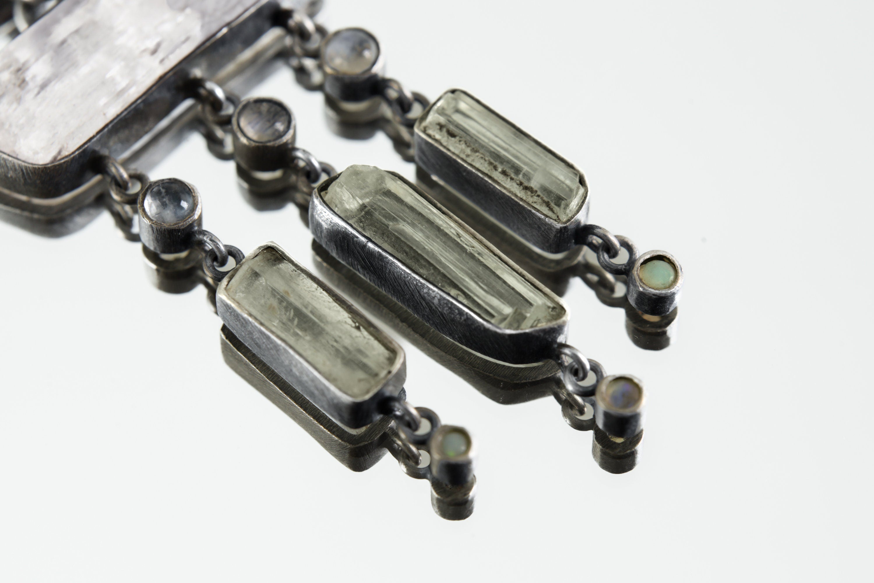Oxidized Sterling Silver Gemstone Pendant: Opal, Kunzite, Moonstone & Aquamarine